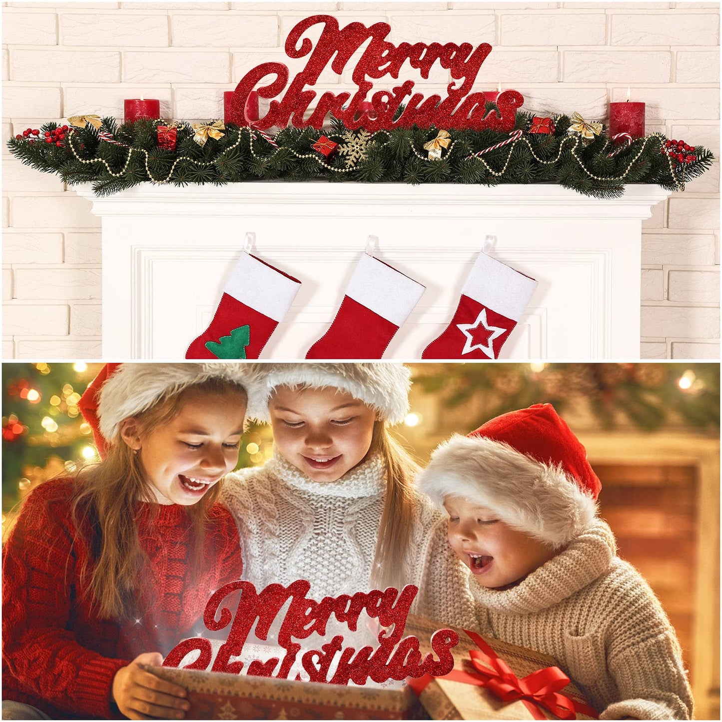 Merry Christmas Signs Merry Christmas Glitter Wood Block Freestanding Tabletop Holiday Home Decor Merry Christmas Freestanding Cutout Wood Block for Xmas Party Table Centerpiece Holiday Decor (Red)