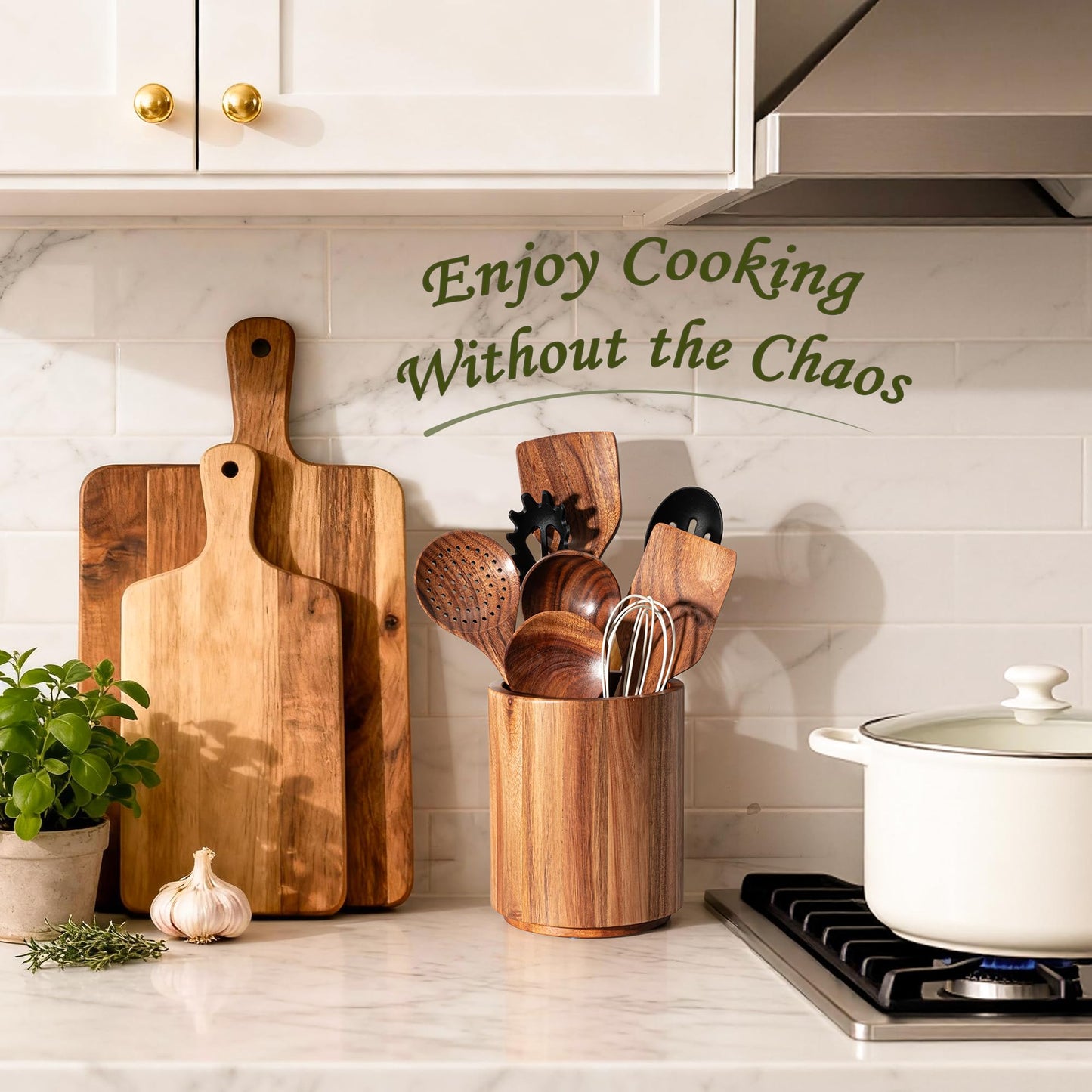 Criusia Utensil Holder 3 Pack, 360° Rotating Acacia Wood Cooking Utensil Crocks for Kitchen Counter, Farmhouse & Modern Decor, (1 Large, 1Medium, 1 Small)