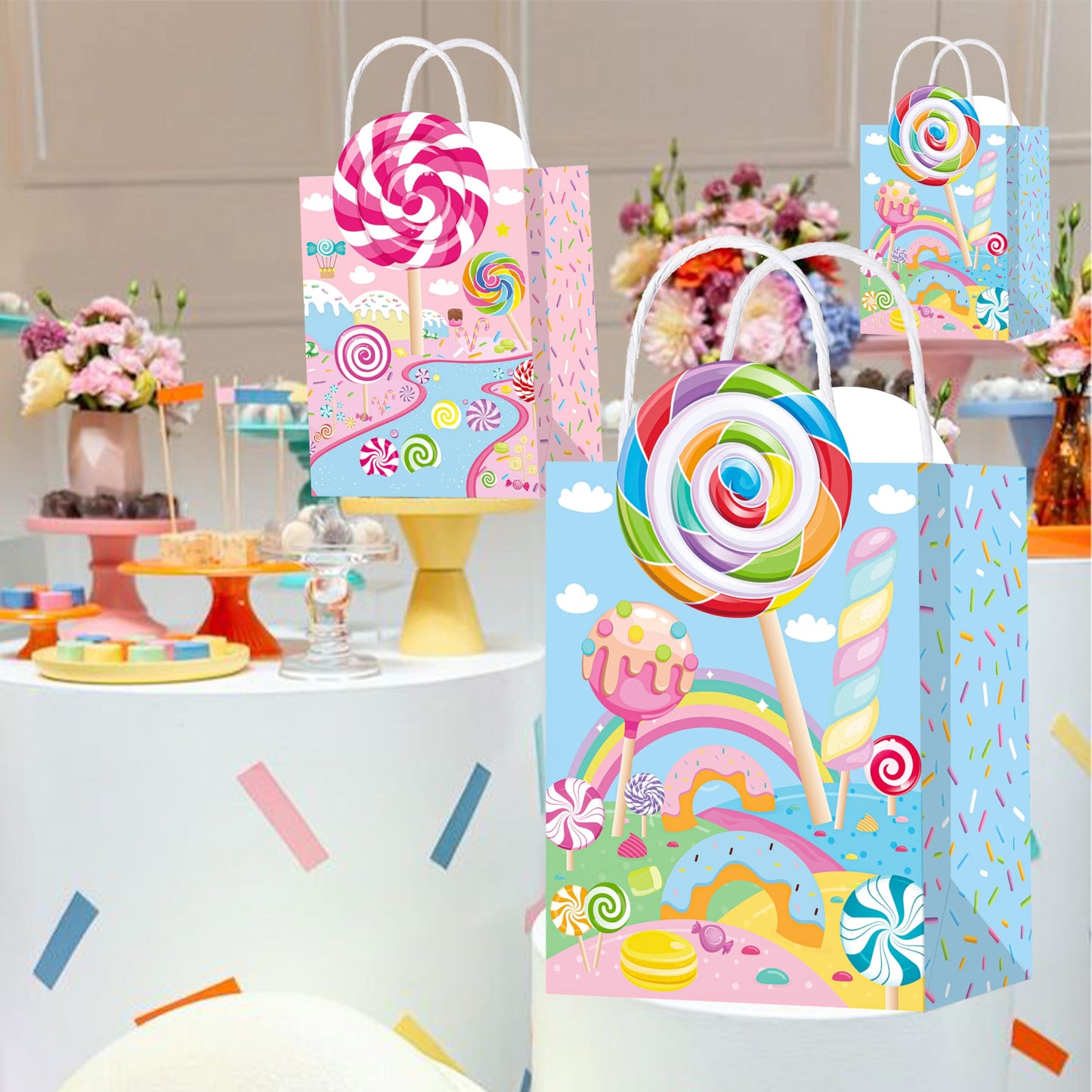 C L cooper life 12pcs Candyland Party Gift Treat Bags with Handles - Lollipop Themed Party Goodie Bags - Candyland Birthday Party Supplies