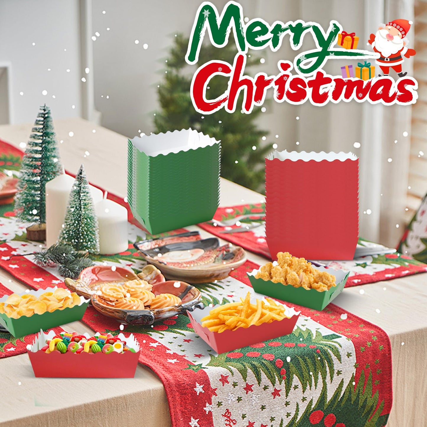 100 Pcs Christmas Paper Food Trays Christmas Cookie Tray for Gift Giving Red and Green Scalloped Food Serving Boat Disposable Trays for Serving Snack Xmas Holiday Party Decorations