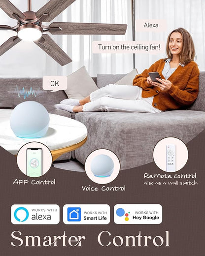 52" Oil Rubbed Bronze Smart Ceiling Fan with Light via WiFi Alexa,6-Speeds Quiet DC Motor,Dimmable,Outdoor Antique Bronze Large Ceiling Fan for Living Room,Bedroom,Dual Finish 6 Blades