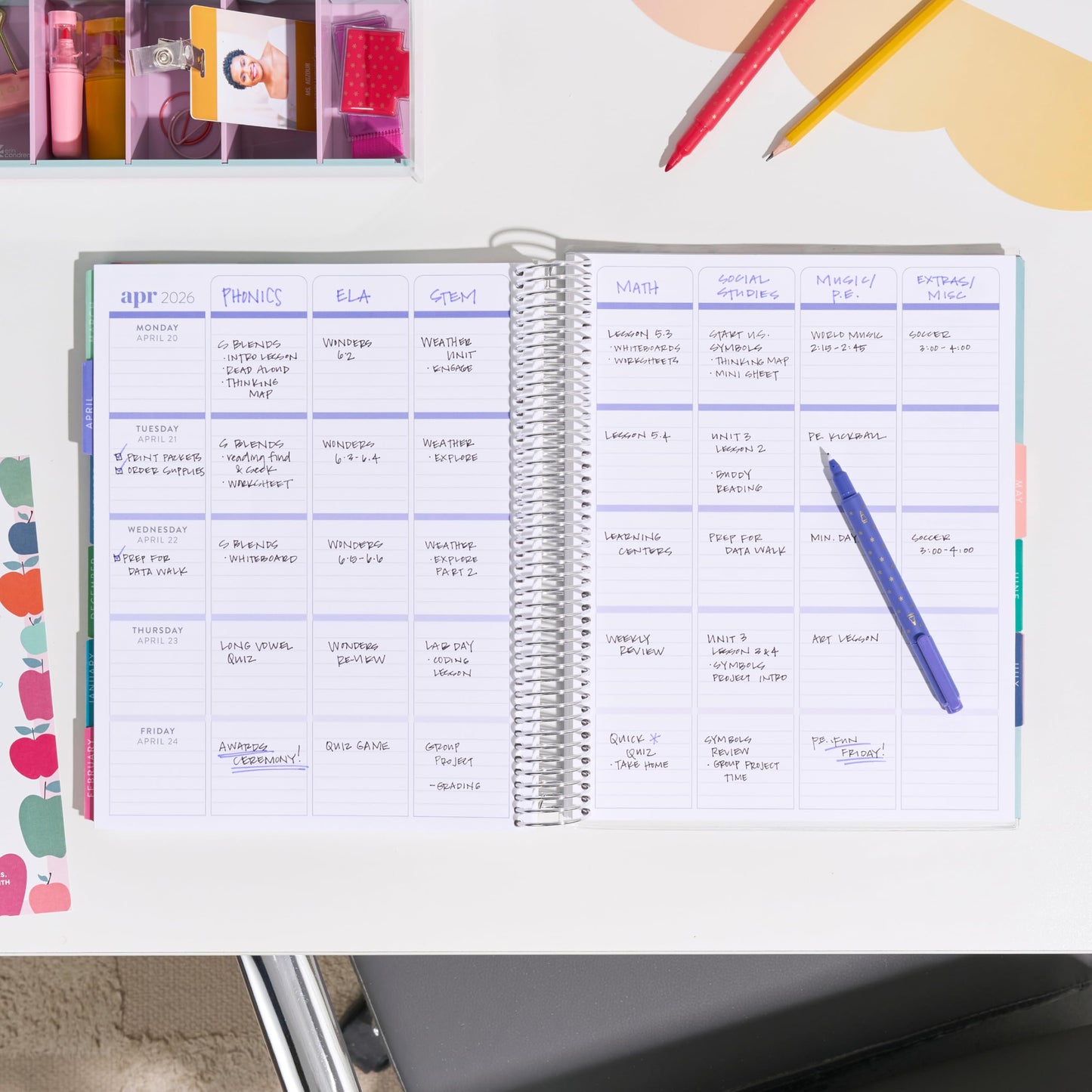 8.5x11 Coiled Teacher Lesson Planner (January 2026 - December 2026) - Apple Dapple classic cover, horizontal layout, Hexagon theme, platinum coil