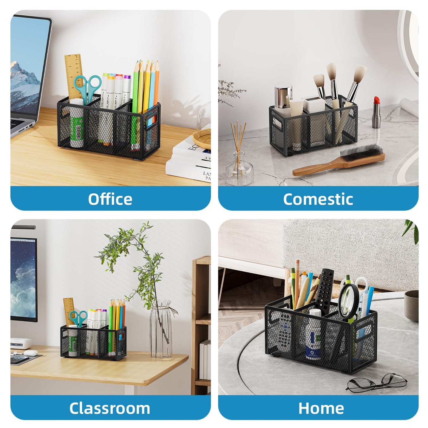 Marbrasse Mesh Pen Holder for Desk,Pencil Holder Desk Organizer 3 Adjustable Compartments,Pencil Cup with Handle Perfect for Classroom, Office, Home,Makeup,Art (Black)