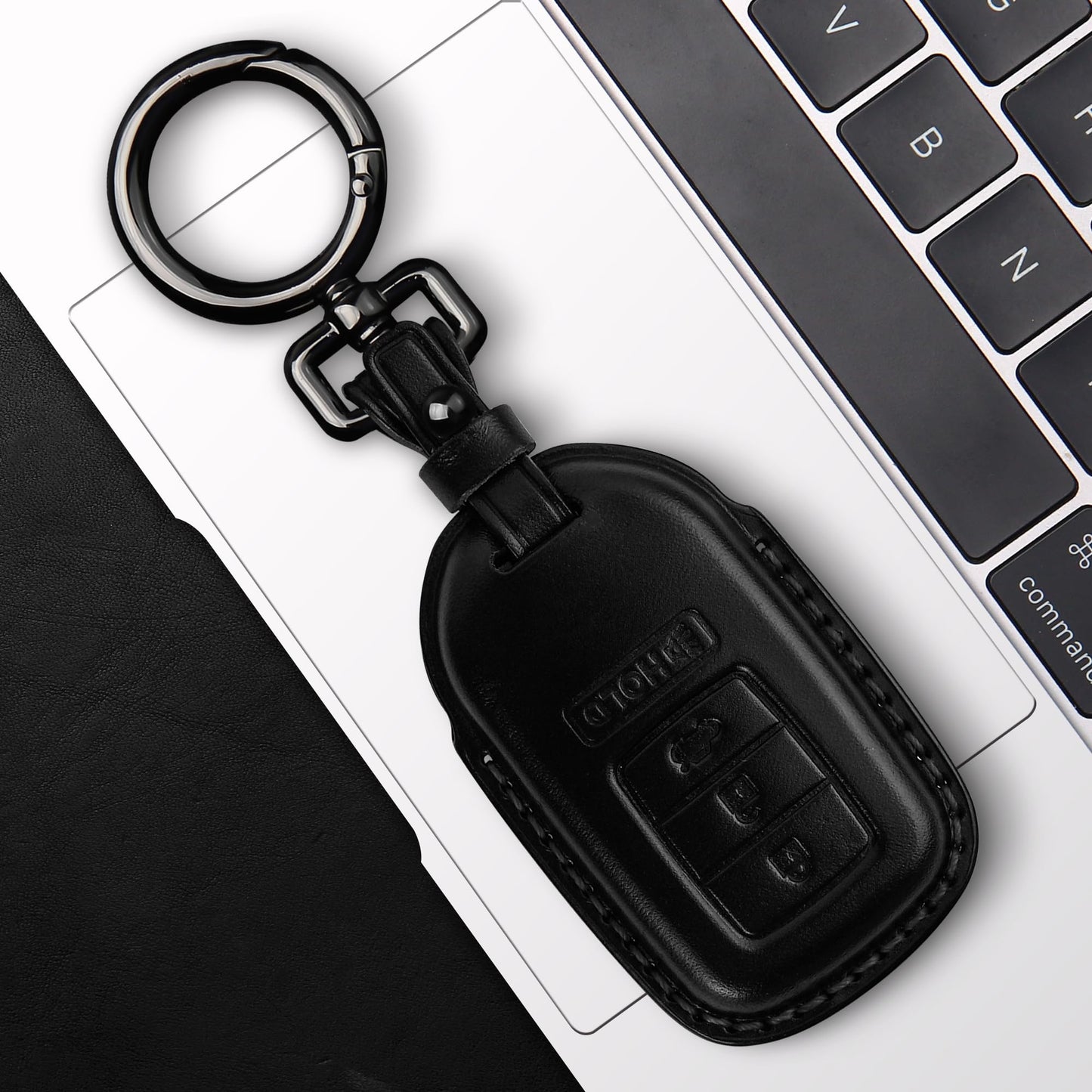 Tukellen for Honda Leather Key Fob Cover with Keychain Compatible with Honda Accord Civic Fit Pilot Odyssey CRV Clarity CRZ HRV Ridgeline EX EX-L 4 Buttons-Black