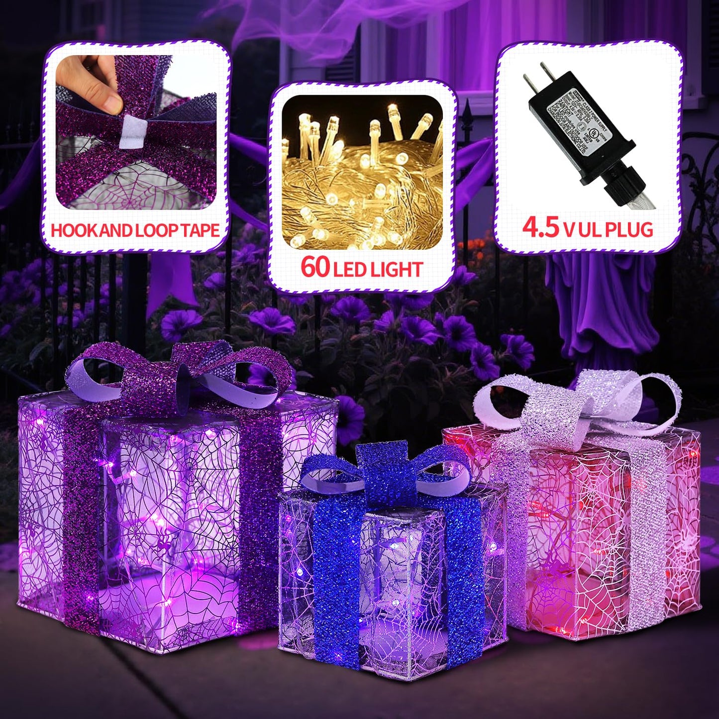 DomKom Set of 3 Halloween Christmas Lighted Gift Boxes Decorations, Plug-in 60 LEDs Metal Frame Present Box, Light Up Xmas Tree Skirt Ornament Decor for Yard Patio Lawn Party