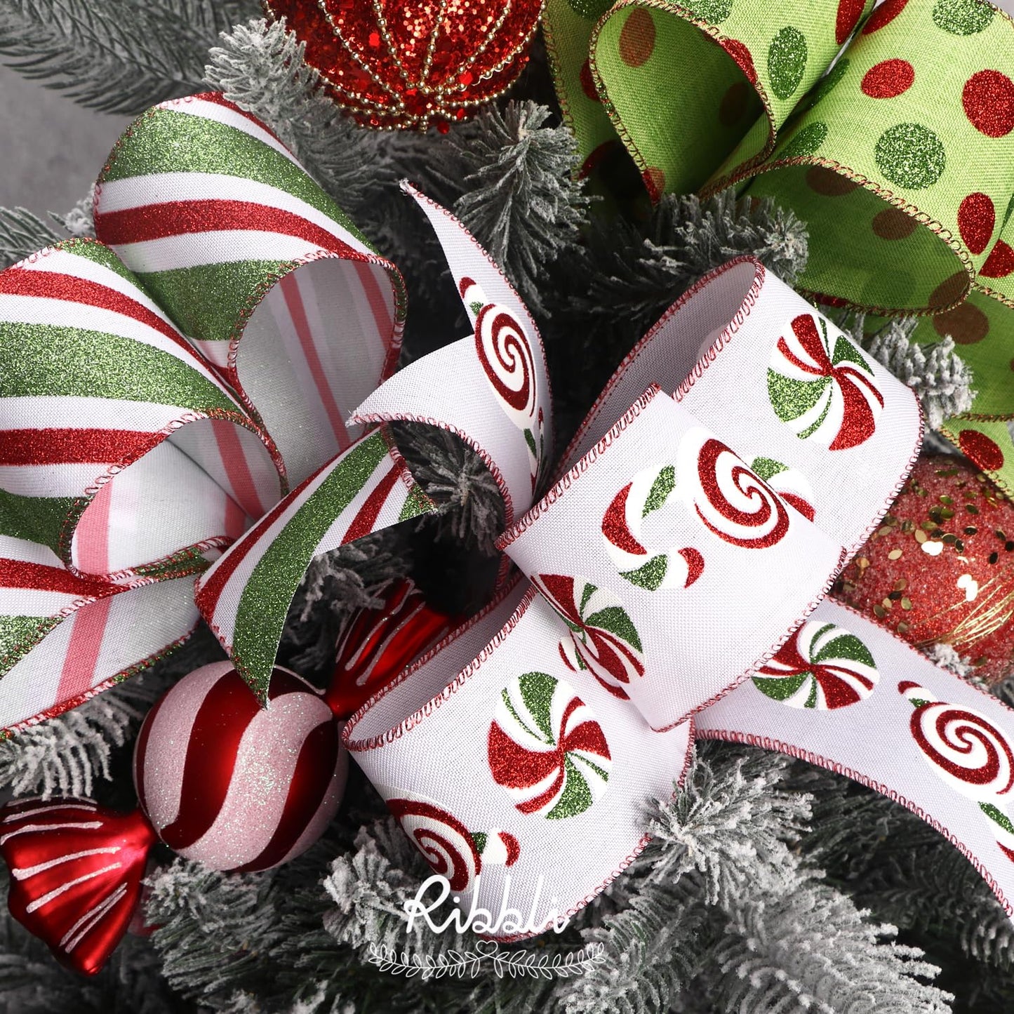 Ribbli Christmas Ribbon Wired Red and Lime Green Christmas Tree Ribbon Candy Cane Glitter Burlap Ribbons for Topper Bow Crafts Gift Wrapping Wreaths Garland Home Decor -2.5 Inchx6 Rolls Total 30Yard