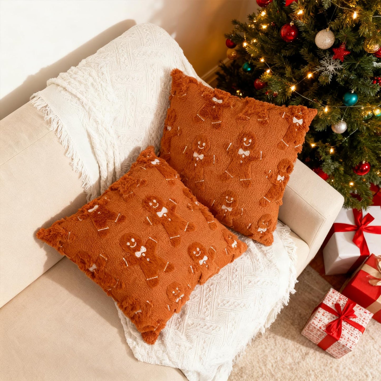 Deposhion 2-Pack Christmas Gingerbread Man Pillow Covers 18x18 Inch, Soft Plush Faux Fur Embroidered Throw Pillowcases for Sofa Couch, Holiday Home Decor