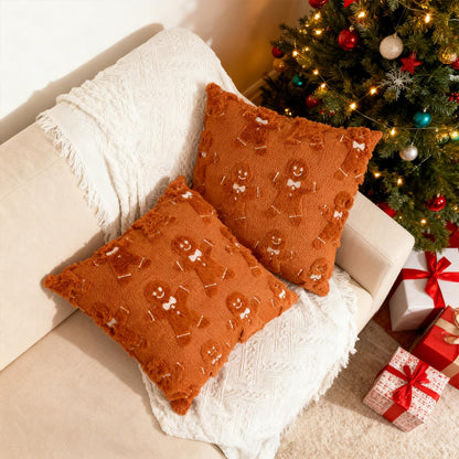 Deposhion 2-Pack Christmas Gingerbread Man Pillow Covers 18x18 Inch, Soft Plush Faux Fur Embroidered Throw Pillowcases for Sofa Couch, Holiday Home Decor