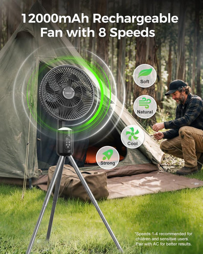 YOKEKON Outdoor Standing Fan for Patio,12" Rechargeable Cordless Pedestal Fan,Hanging 12000mAh Battery Operated Oscillating Fan with Remote,Light, Quiet,8 Speeds,Timer,Gazebo/Deck/Porch/Pergola,Black