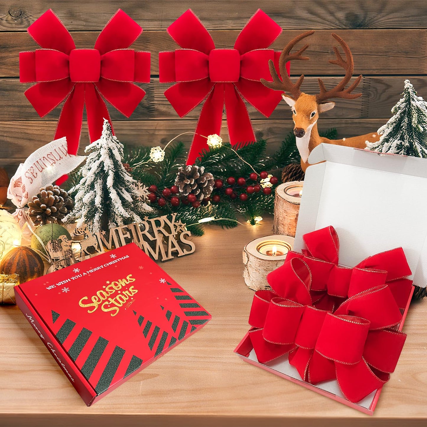 2pcs 16-Inch Velvet Red Bows for Christmas Tree, Handmade Christmas Bow Tree Topper-Gold Wire-Fluffy Sturdy Shape-Retaining, Gift Boxed & Ready-to-Use for Wreath Floral Fireplace Outdoor Car Garden