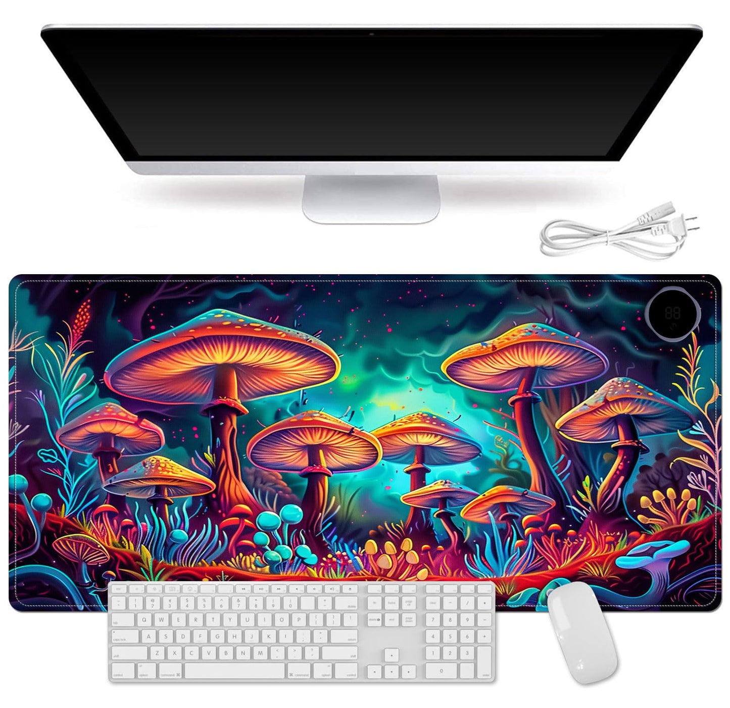 Heated Mouse Pad for Desk 31.5" x 13" – PU Leather Warm Desk Pad with 3 Heat Levels (104°F/113°F/122°F), Plug-in Electric Heating Mat with Auto Shut-Off, Waterproof & Rollable, Mushrooms