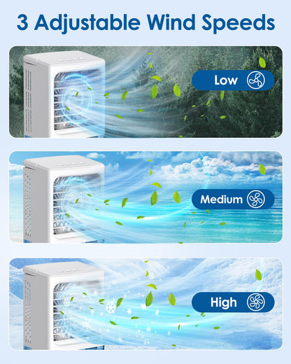 Mini Air Conditioner,Portable Air Conditioners,Evaporative Air Cooler Humidifier, 3 Speed Quiet Personal Cooling Fan, 7-Color LED Night Light, 4/8H Timer for Bedroom, Office, Camping, Car (White)