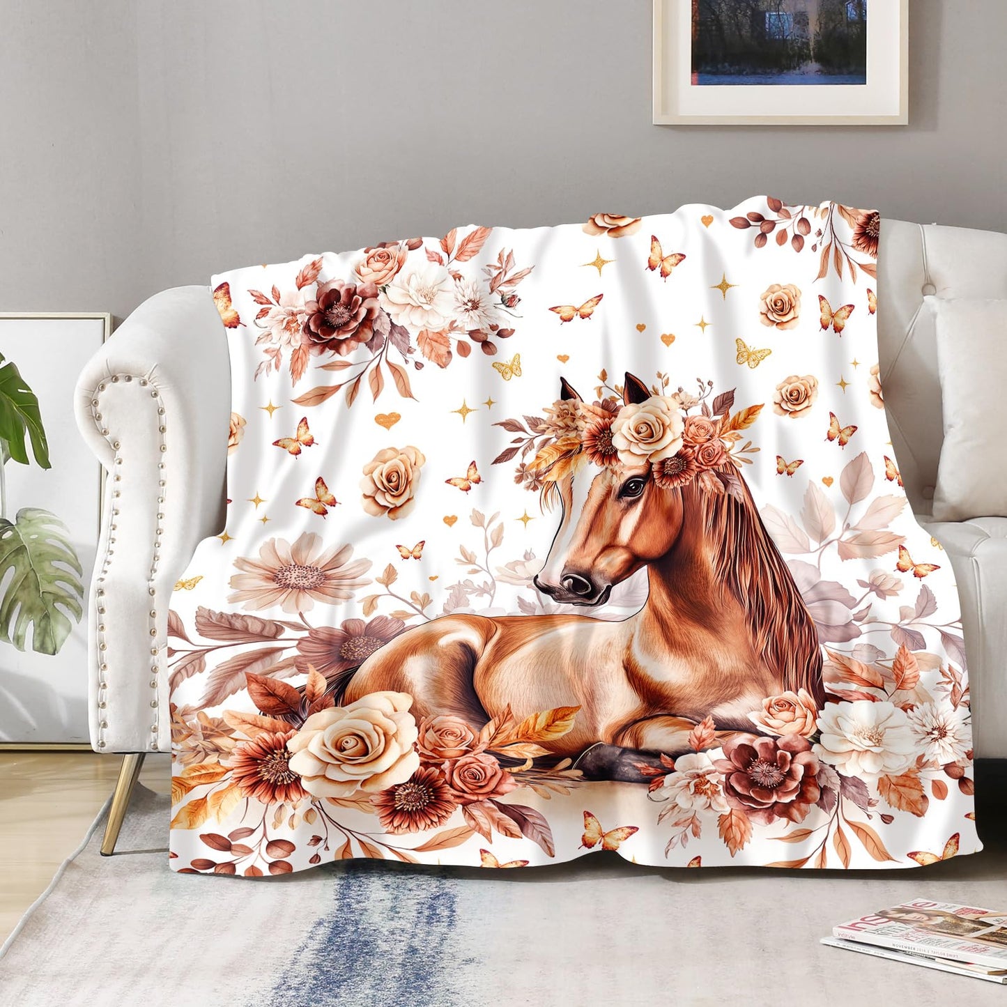 Horse Blanket Gifts for Girls Women Teens Flowers Cute Horses Lovers Living Room Decor Soft Cozy Bed Couch Plush Birthday Christmas Throw Blanket 50"x60"