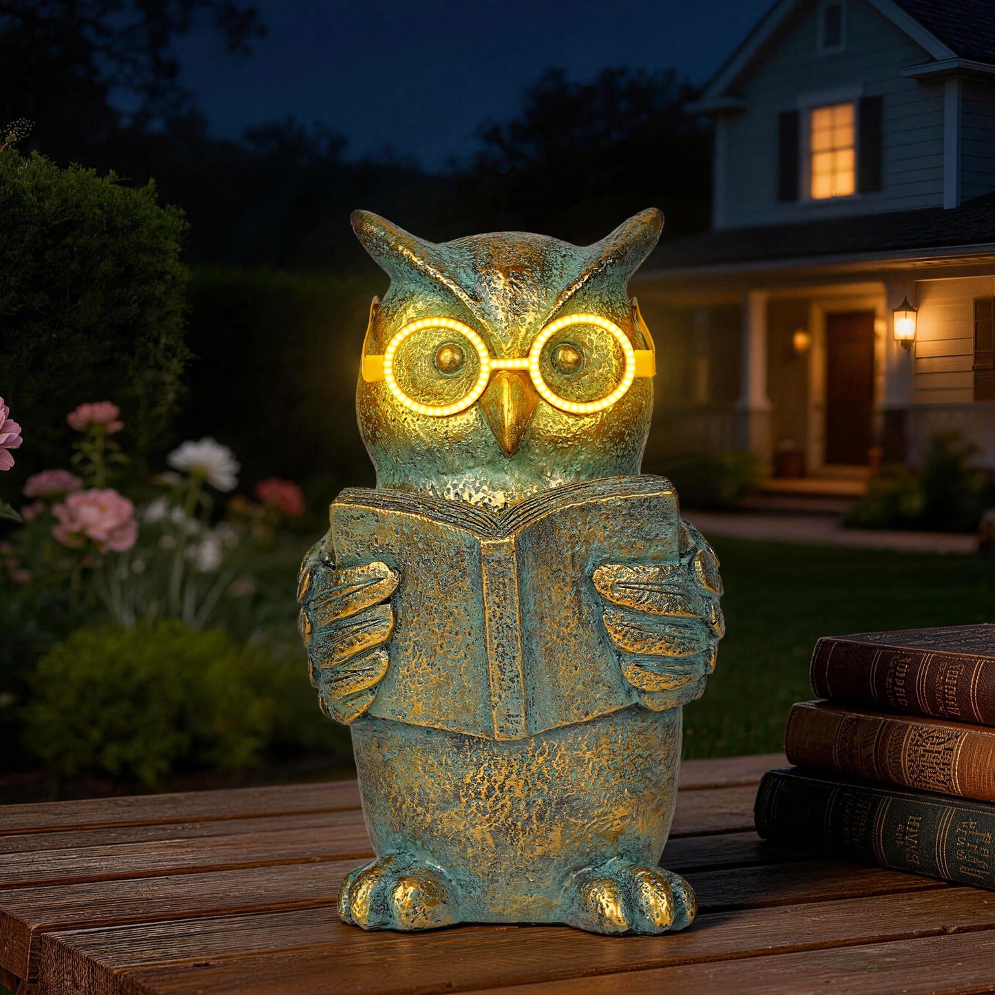 zuzuzen Reading Owl Statue with Solar Glasses Bronze Resin Garden Decoration Outdoor Figurine Light for Patio, Yard, Lawn, Housewarming Home Decor Gift for Women
