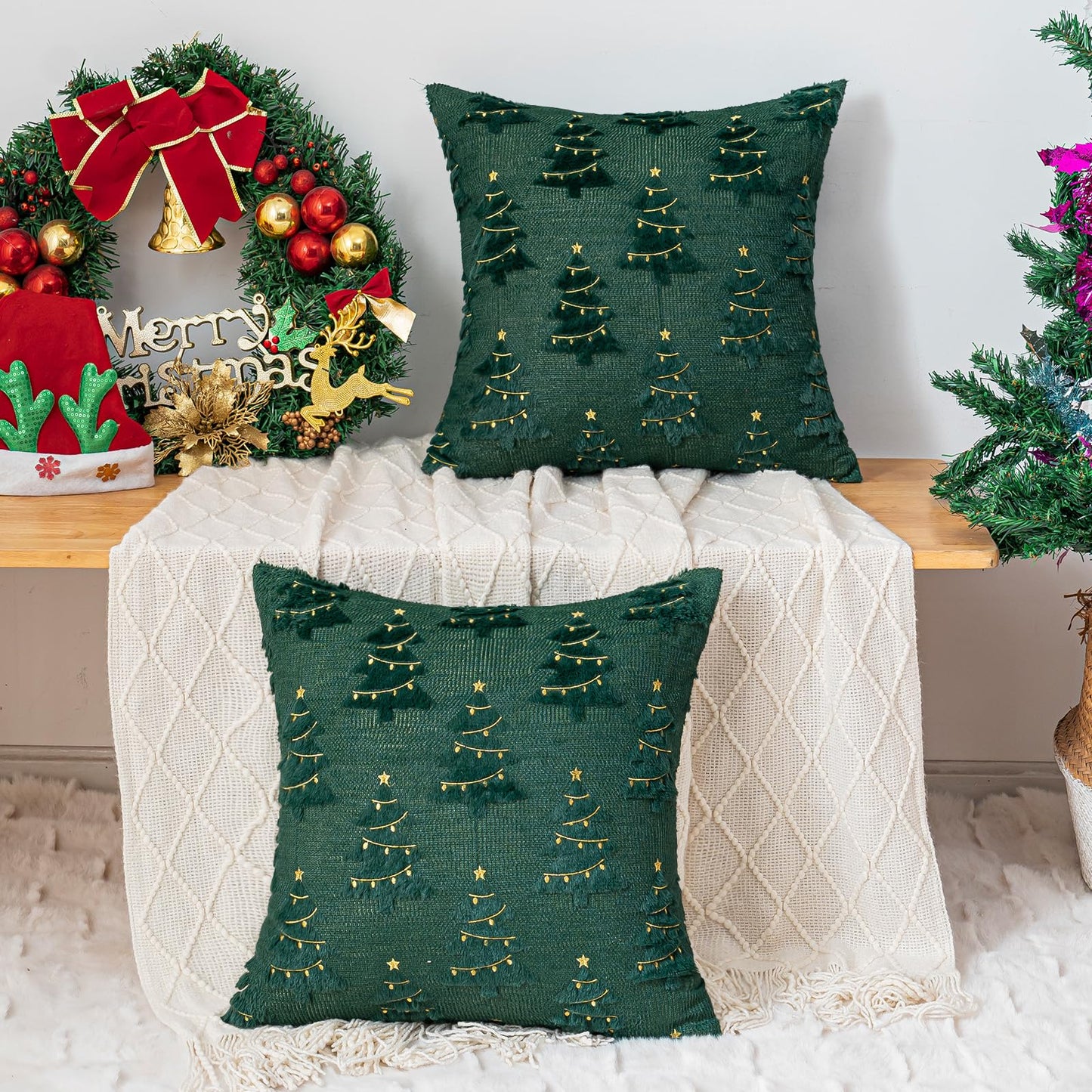 ZSkogur Christmas Throw Pillow Covers 18x18 Set of 2, Christmas Tree Decoration Cushion Covers Soft Faux Fur Pillow Cases for Sofa Couch Bed Winter Holiday Festivals Home Decor, Green(Star)