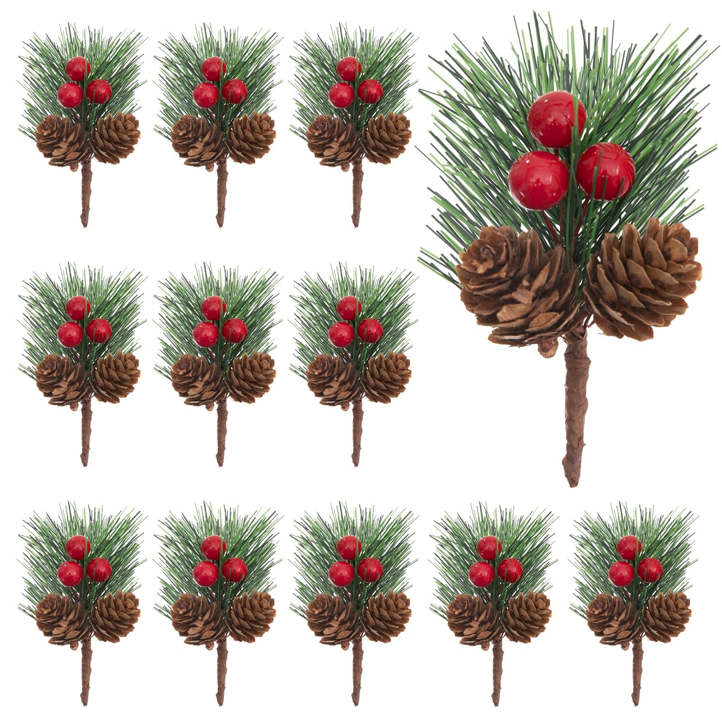 12pcs Christmas Floral Picks, Artificial Pine Pick Christmas Pinecone Berry Pick Stems Pine Tree Needles Branches Decoration for Xmas Tree DIY Craft Flower Arrangements Wreaths Party Supply