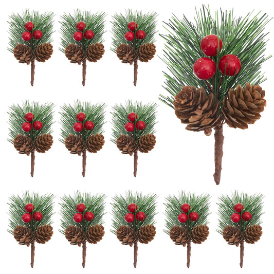 12pcs Christmas Floral Picks, Artificial Pine Pick Christmas Pinecone Berry Pick Stems Pine Tree Needles Branches Decoration for Xmas Tree DIY Craft Flower Arrangements Wreaths Party Supply