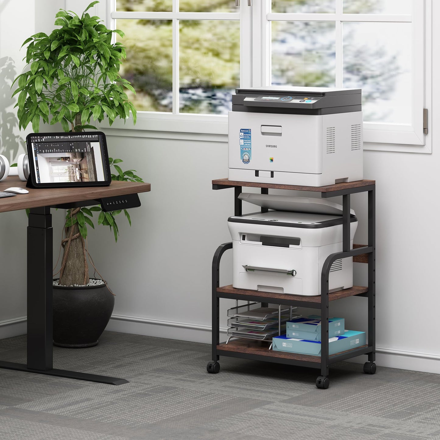 Fannova Printer Table Stand with Height Adjustable Shelf, 3 Tier Rolling Printer Cart with Wheels for Home Office Storage and Organization, Industrial Style