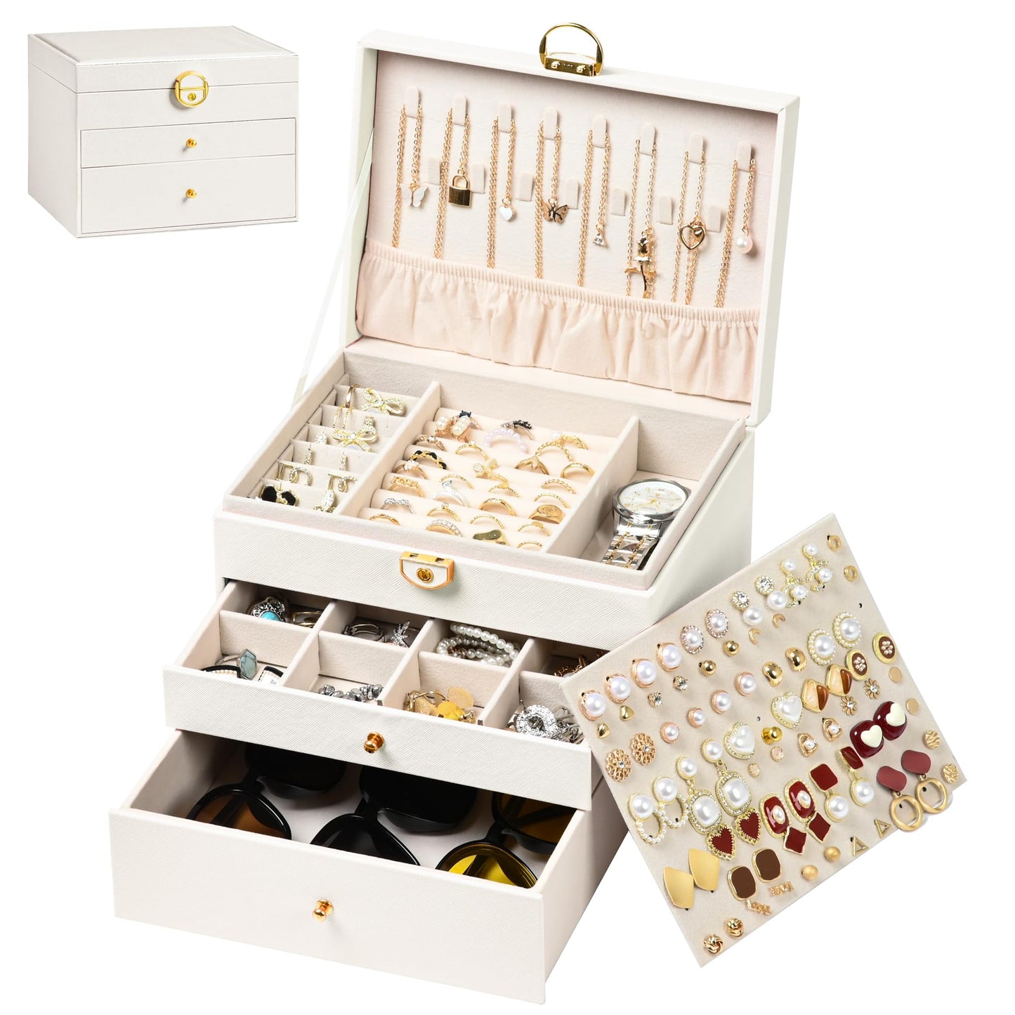 GALHUBIS Jewelry Box, 3 Layers Leather Jewelry Storage Display Box for Women, Gift Case, 2 Drawers, Large Capacity for Necklace Earrings Bracelets Rings, White