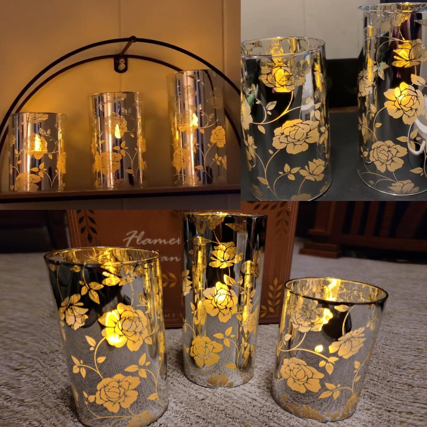 Floral Glass Flameless Candles Rose Romantic Battery Operated Candles with Remote Flickering LED Silver Real Wax Pillar Candle for Valentine's Day Wedding Party Home Christmas Decor, Set of 3