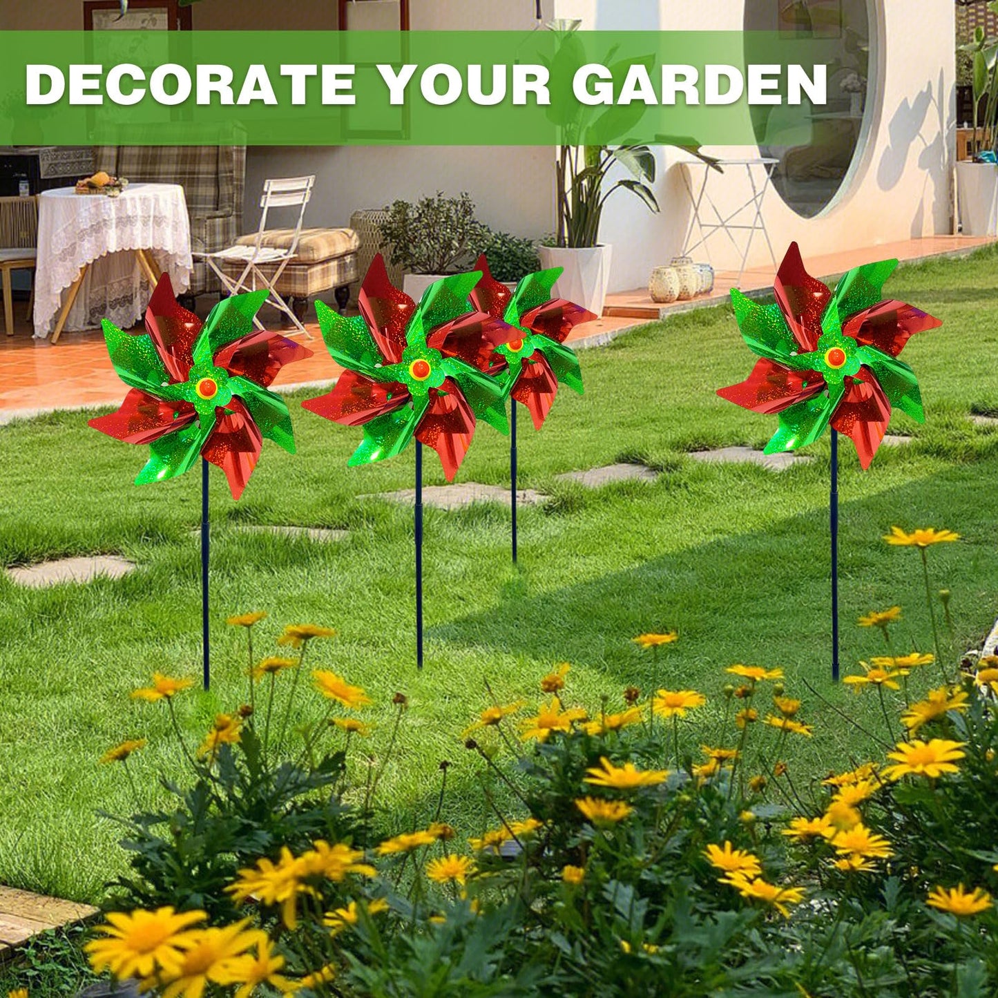 10 Pieces 21 Inches Red and Green Reflective Pinwheels with Stakes, Windmill Wind Spinners for Outdoor Garden Lawn Yard Decor, Christmas Decoration, Large Foil Pin Wheels for Bird and Animal Deterrent