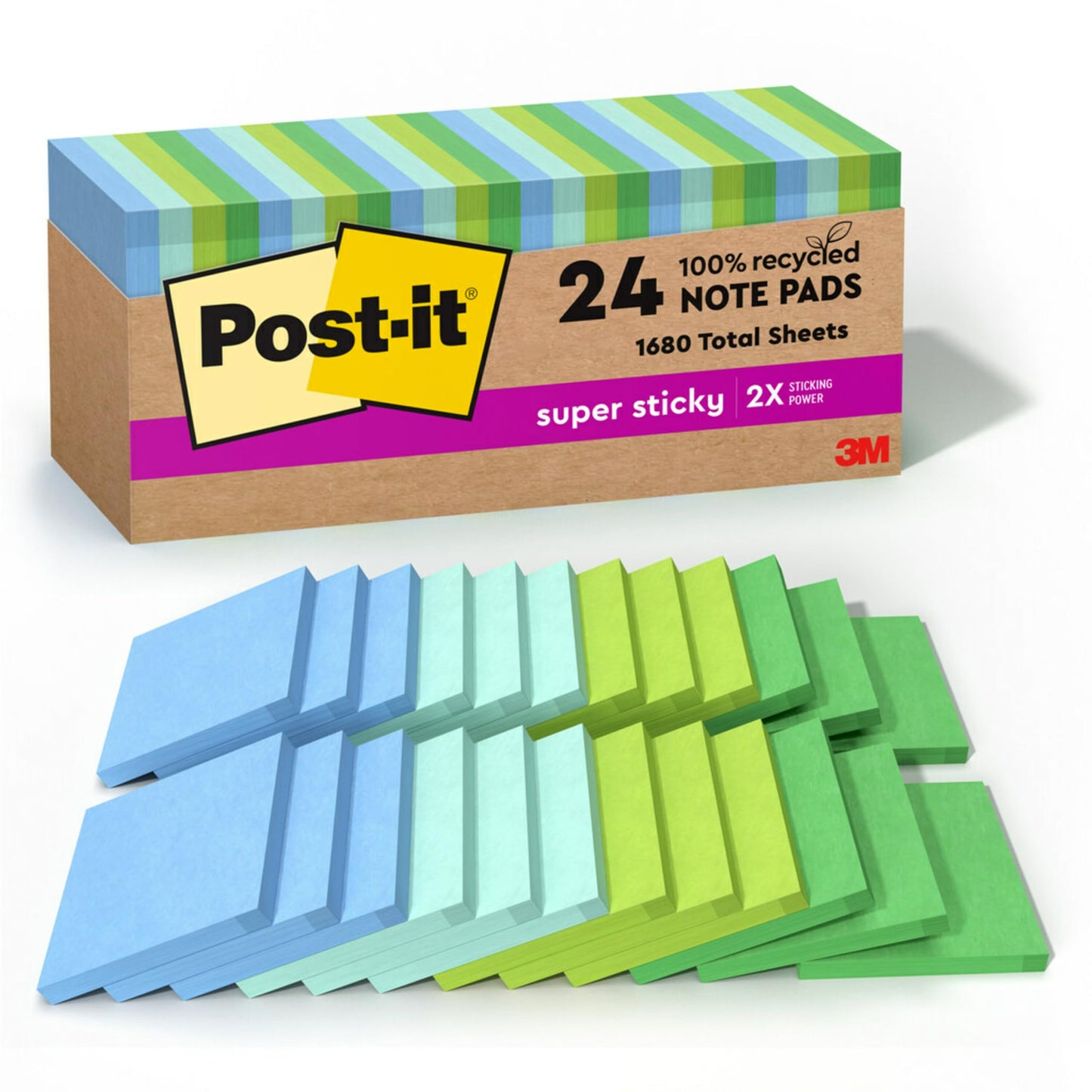 Post-it 100% Recycled Paper Super Sticky Notes, 3 in. x 3 in., 24 Pads, 70 Sheets per Pad, Oasis Collection, School Supplies and Office Products