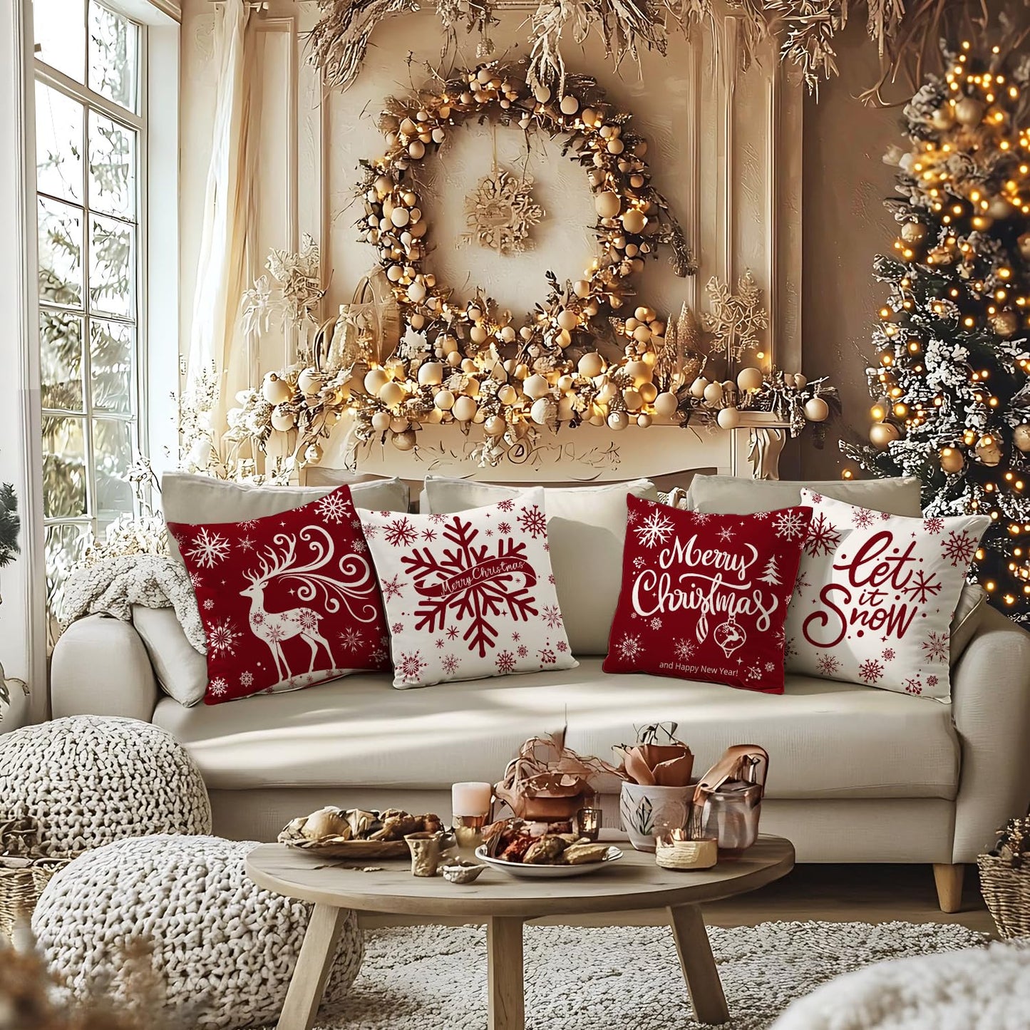 Artmag Merry Christmas Throw Pillow Covers 16x16 inch Snowflakes Let it Snow Moose Winter Holiday Red Cushion Case for Coach Sofa Decorations Set of 4