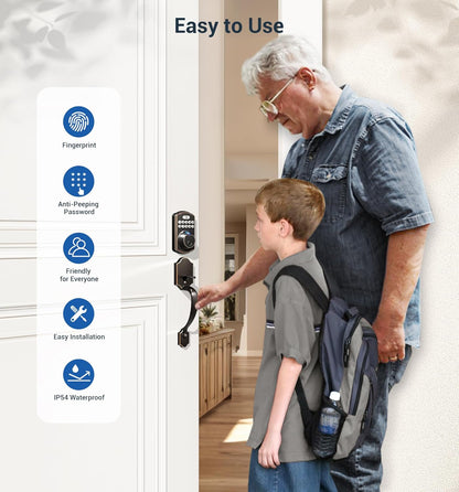 Veise Fingerprint Door Lock Set, Keyless Entry Door Lock, Front Handle Set, Electronic Keypad Deadbolt with Lever Handle, 2 Keys, Auto-Locking, One-time Codes, Easy to Install, Oil Rubbed Bronze