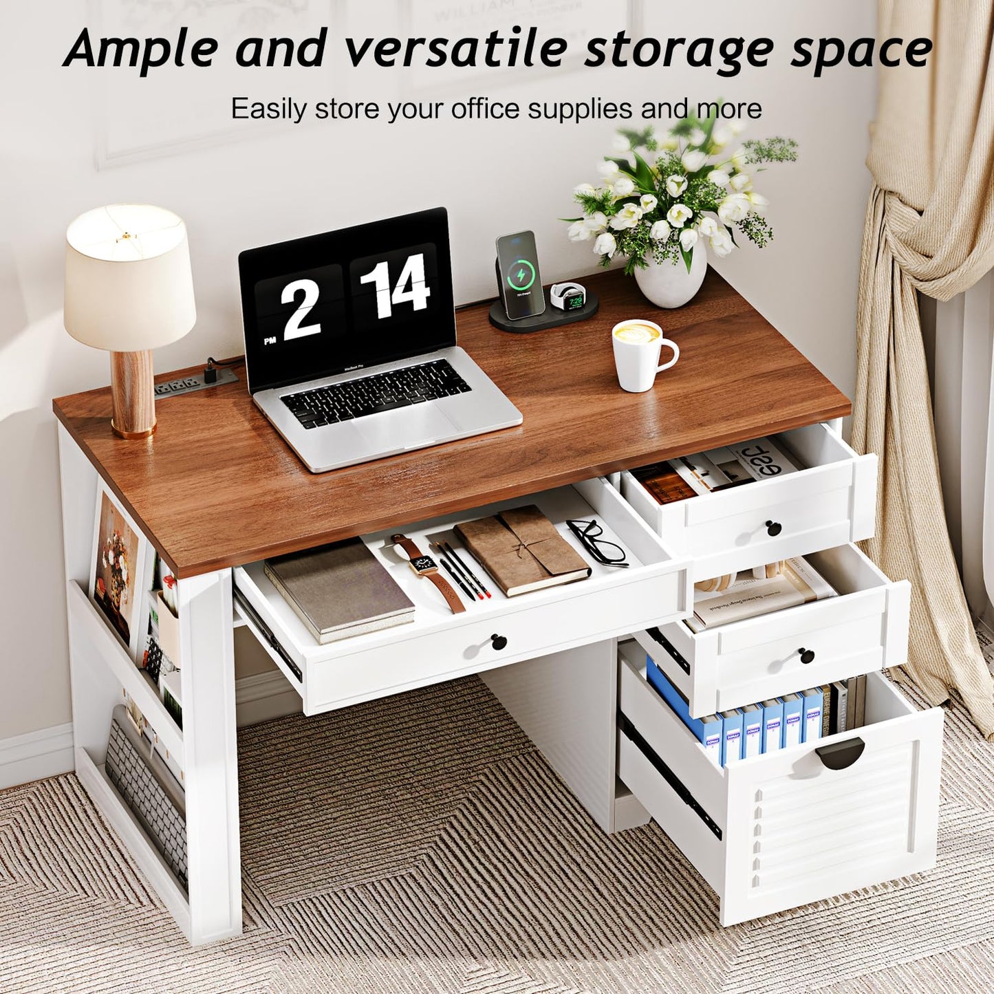 Ieejdn 47" Home Office Desks, Executive Desk, Farmhouse Computer Desk with Drawers and Charging Station, File Drawer, Storage Cabinet, Rustic Computer Writing Desk,Antique White