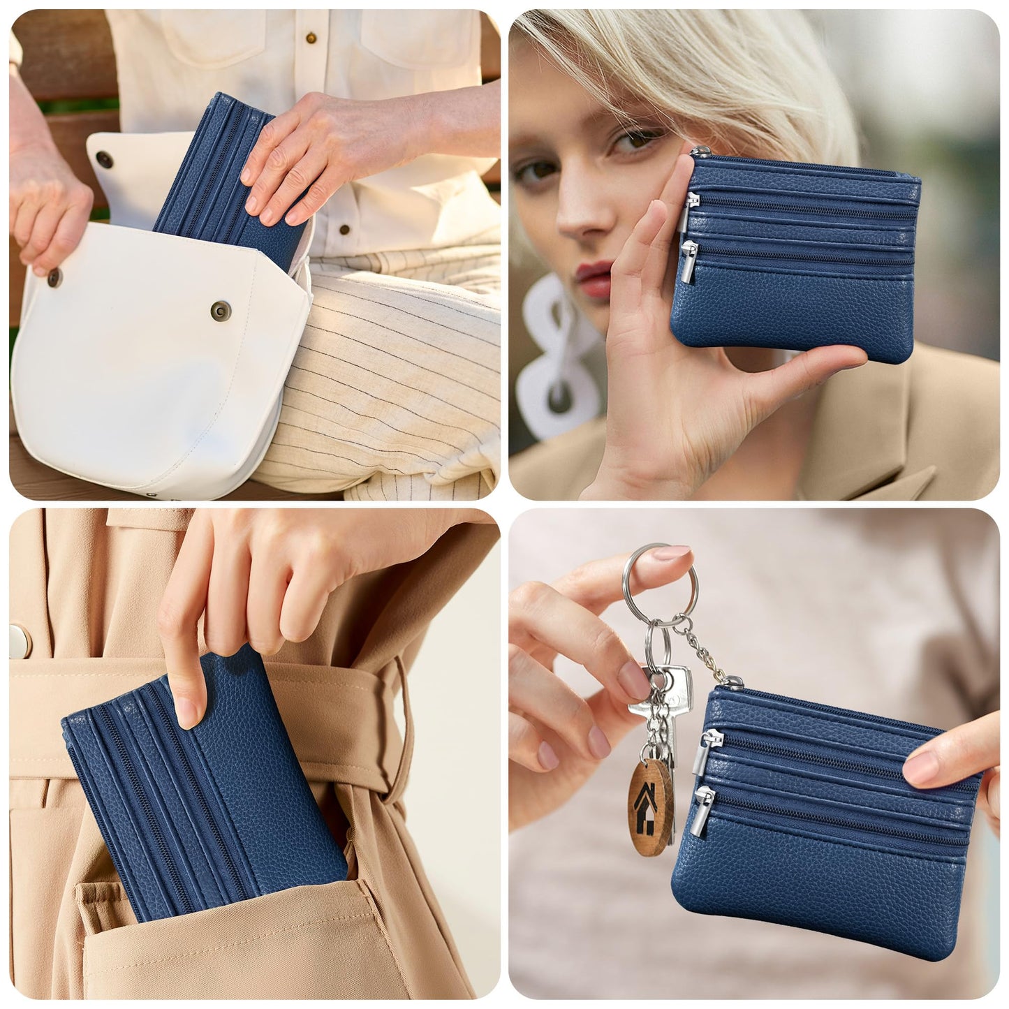 Chelmon 2 Pack Coin Purse Pouch Change Card Holder Wallet with Keychain for Women and Men (Black & Blue)