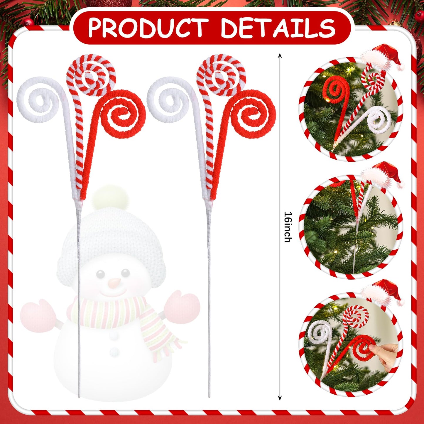 Gerrii 16" Red White Christmas Tree Pick Decor Candy Cane Xmas Ornament Peppermint Curly Pick Spray Lollipop Stem Large Tree Topper Branch Elf Stick for Home Wreath Vase Filler Craft Holiday Party