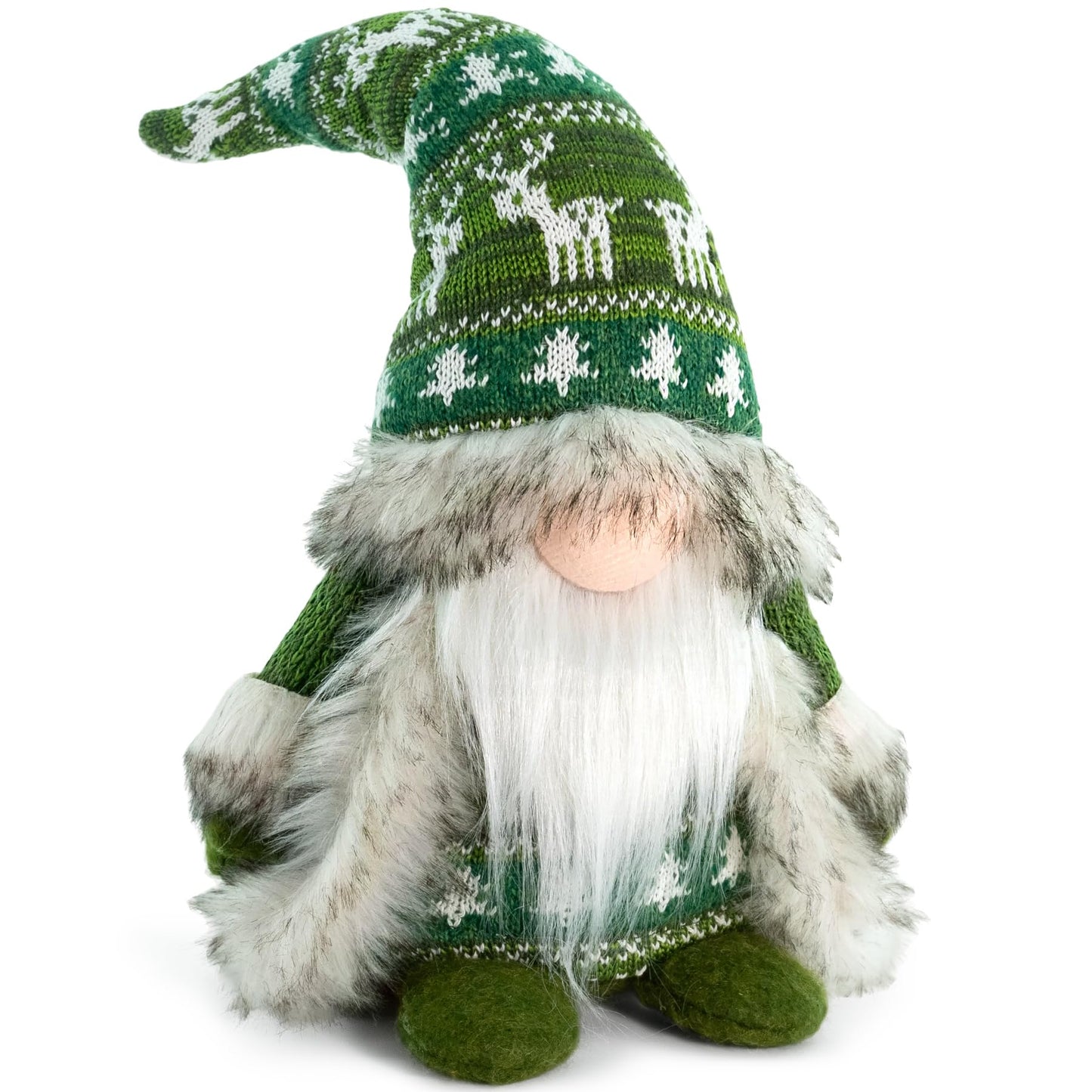 TACROART Gnome Christmas Decorations - Plush Nordic Figurine with Green Reindeer Knit Hat & Faux Fur Cloak, Rustic Tabletop Holiday Gnome Decor for Mantel, Shelf, or Gift Idea