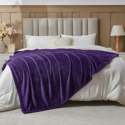 NEWCOSPLAY Super Soft Queen Blanket Dark Purple Premium Silky Flannel Fleece Leaves Pattern Lightweight Bed Blanket All Season Use (Dark Purple, Queen(90"x90"))