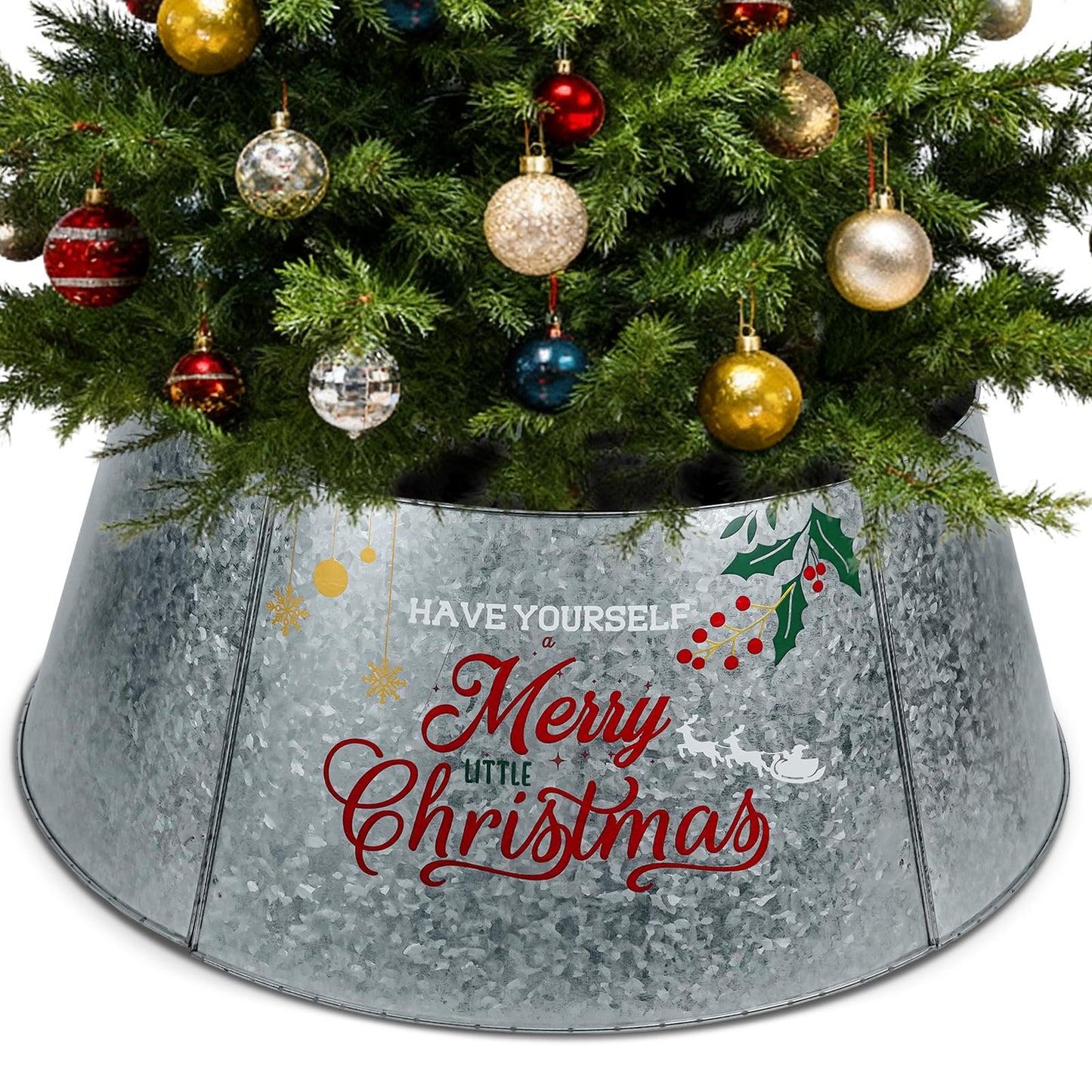 Putuo Decor Galvanized Christmas Tree Collar for 6-7.5 Ft Trees Metal Adjustable Stand Cover with Printed Merry Christmas Farmhouse Decor for Artificial Trees, 27 in Silver