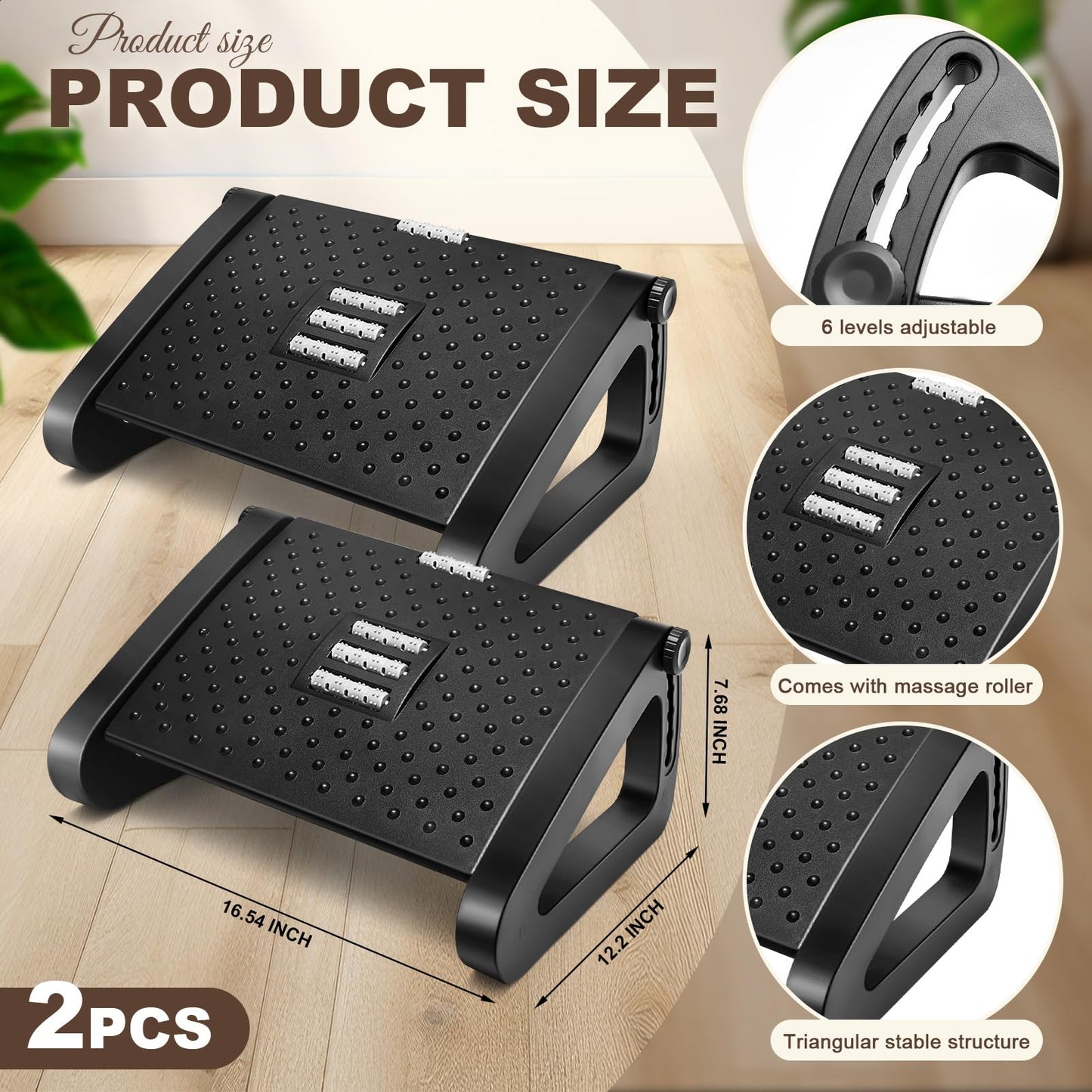 Beeveer 2 Pcs 6 Heights Adjustable Foot Rest for Under Desk at Work, Tilt Adjustable Footrest Ergonomic Foot Stool for Under Office Desks Chair Footrest for Leg Rests Home Pressure Relief(Black)