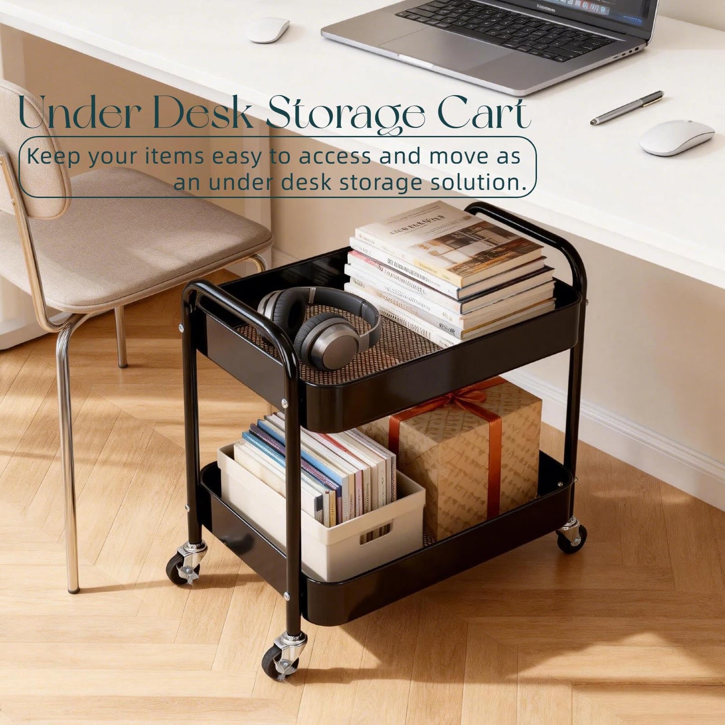 LIWNYRK 2 Tier Rolling Cart with Wheels for Under Desk Storage & Pantry Room, Large Capacity Laundry Room & Makeup Organizer, Sturdy Kitchen Utility Cart for Small Space with 4 Hooks, Black