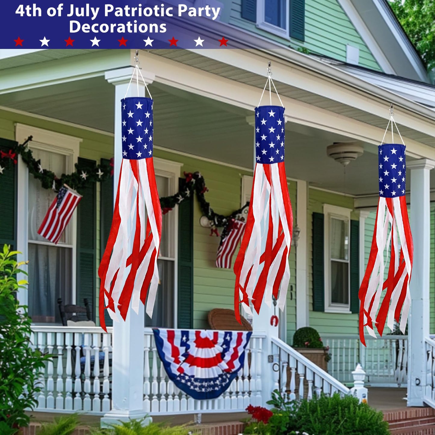 3 Pack 40" American Flag Windsock with Lights 4th of July Decorations, 250th Anniversary USA Red White Blue Star Stripes Patriotic Windsock Memorial Day Independence Day Fourth of July Outdoor Decor