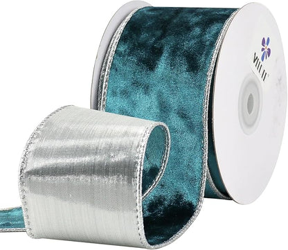 MEEDEE Crushed Teal Velvet Ribbon with Silver Back Double Sided 2.5 inch 10 Yards Blue and Gray Wired Ribbon for Christmas Tree, Wreath Supplies, Crafts Bow, Garlands, Seasonal Decorations