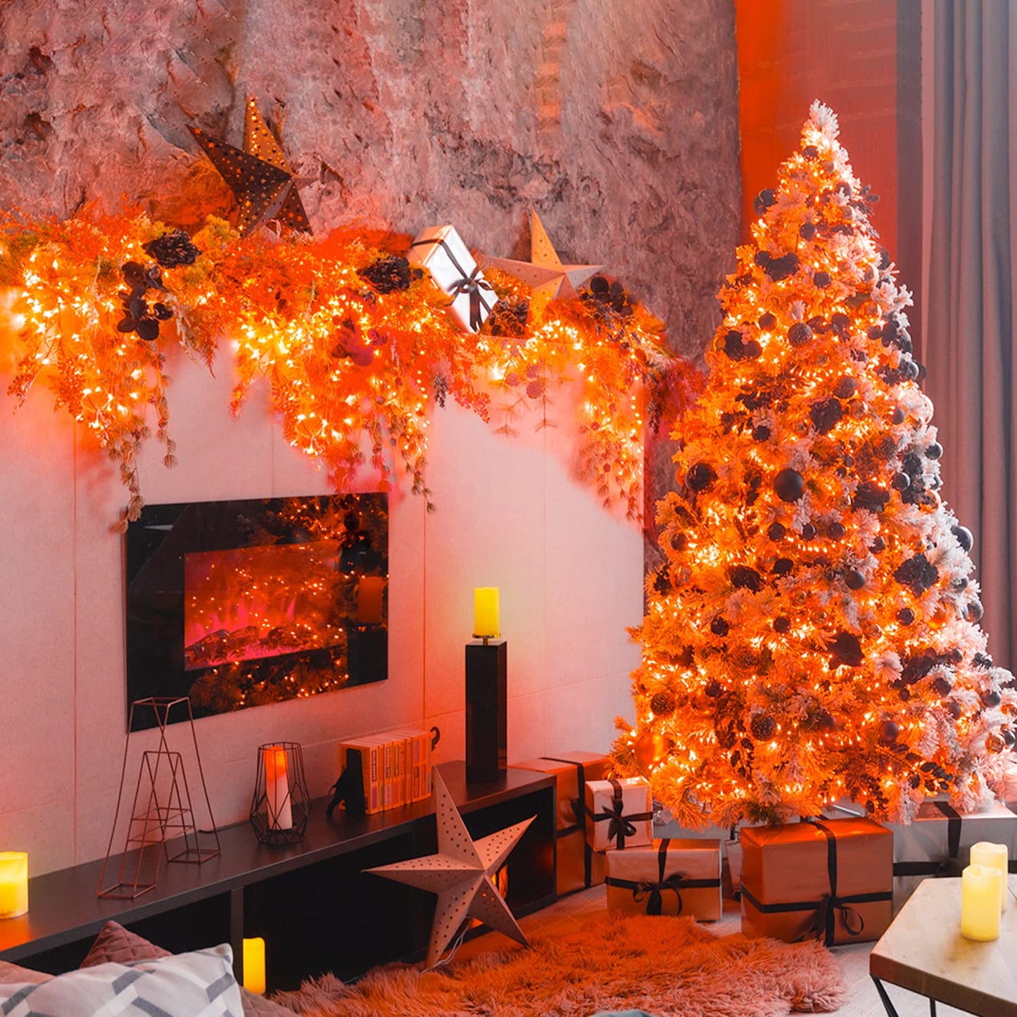 JMEXSUSS 66ft 200 LED Christmas String Lights Outdoor Indoor, Connectable Orange String Lights Clear Wire, Fall Light Plug in for Fireplace Tree Garden Patio Thanksgiving Fall Halloween Decor