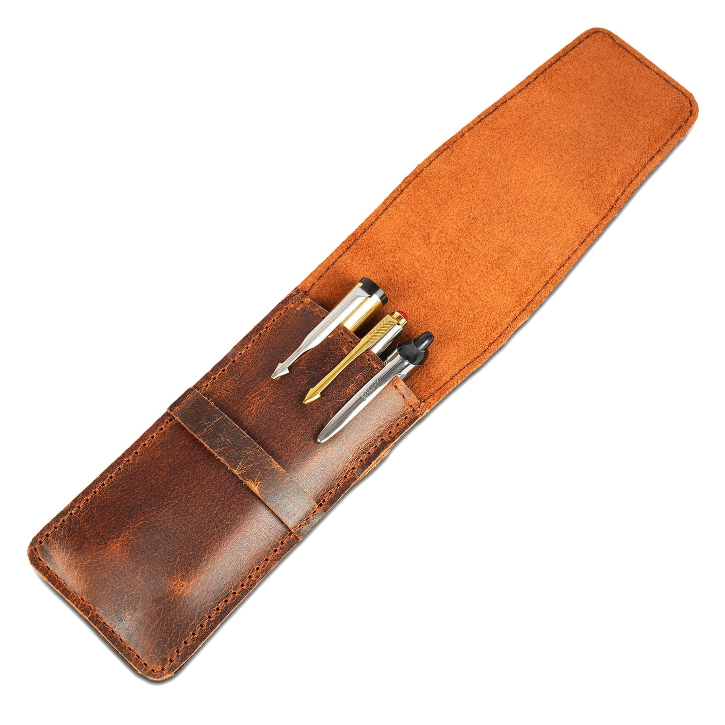 TheAntiq Leather Pen Holder, Genuine 3 Pen Case with Tuck-in Flap, Brown Leather Case for Fountain, Ballpoint & Rollerball Pens, Travel Organizer, Luxury Executive Pen Storage Sleeve (3 Pen, Brown)