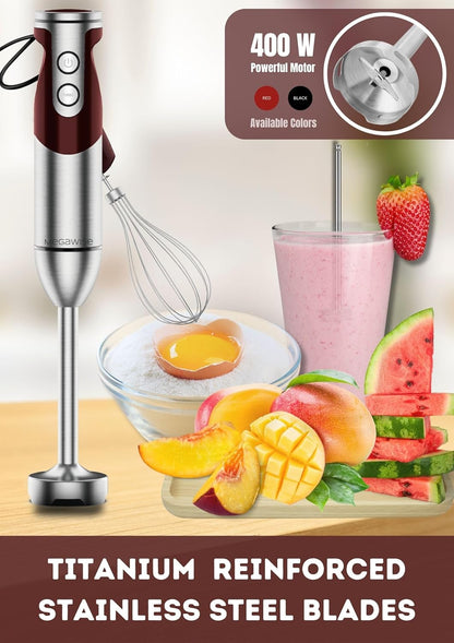3- in-1 Immersion Hand blender, Powerful MOTOR & Stainless Steel Stick Blender, 4 Sharp Blades with Whisk, Milk Frother Attachments