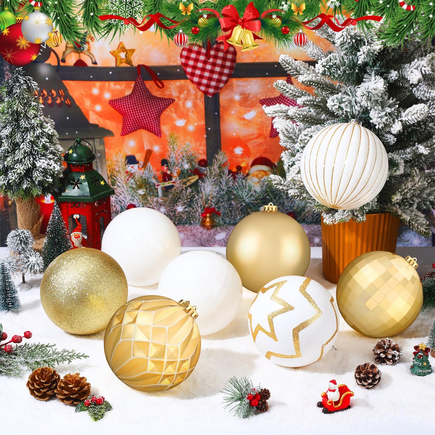 Wettarn Set of 8 Large Christmas Ball Ornaments 6 Inch White Gold Glitter Hanging Christmas Plastic Balls Indoor and Outdoor Hanging Christmas Tree Decorations for Lawn Yard Garden