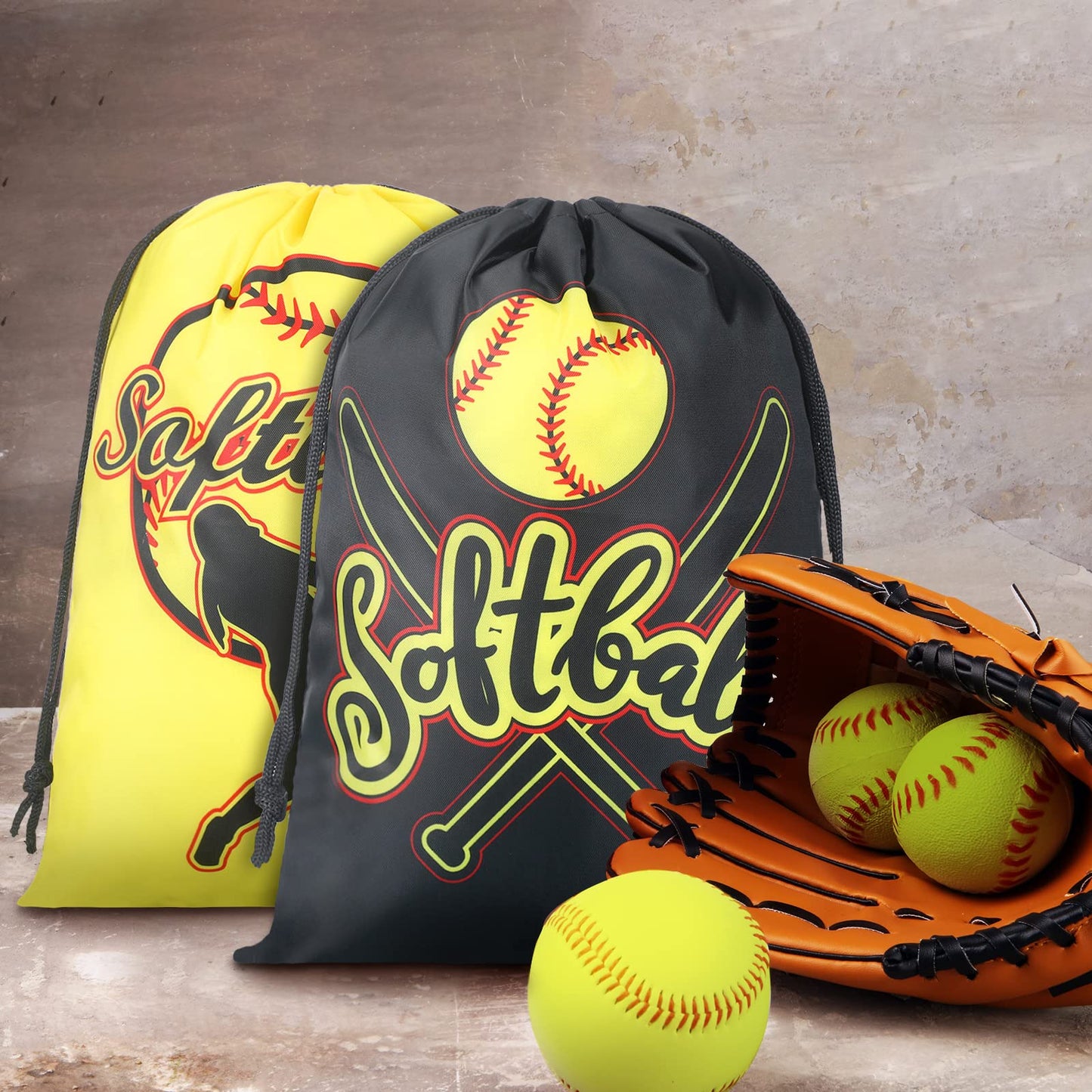 Kingdder 12 Pcs Softball Drawstring Party Favor Bags Softball Treat Bags Baseball Gift Bag for Baseball Party(Yellow)