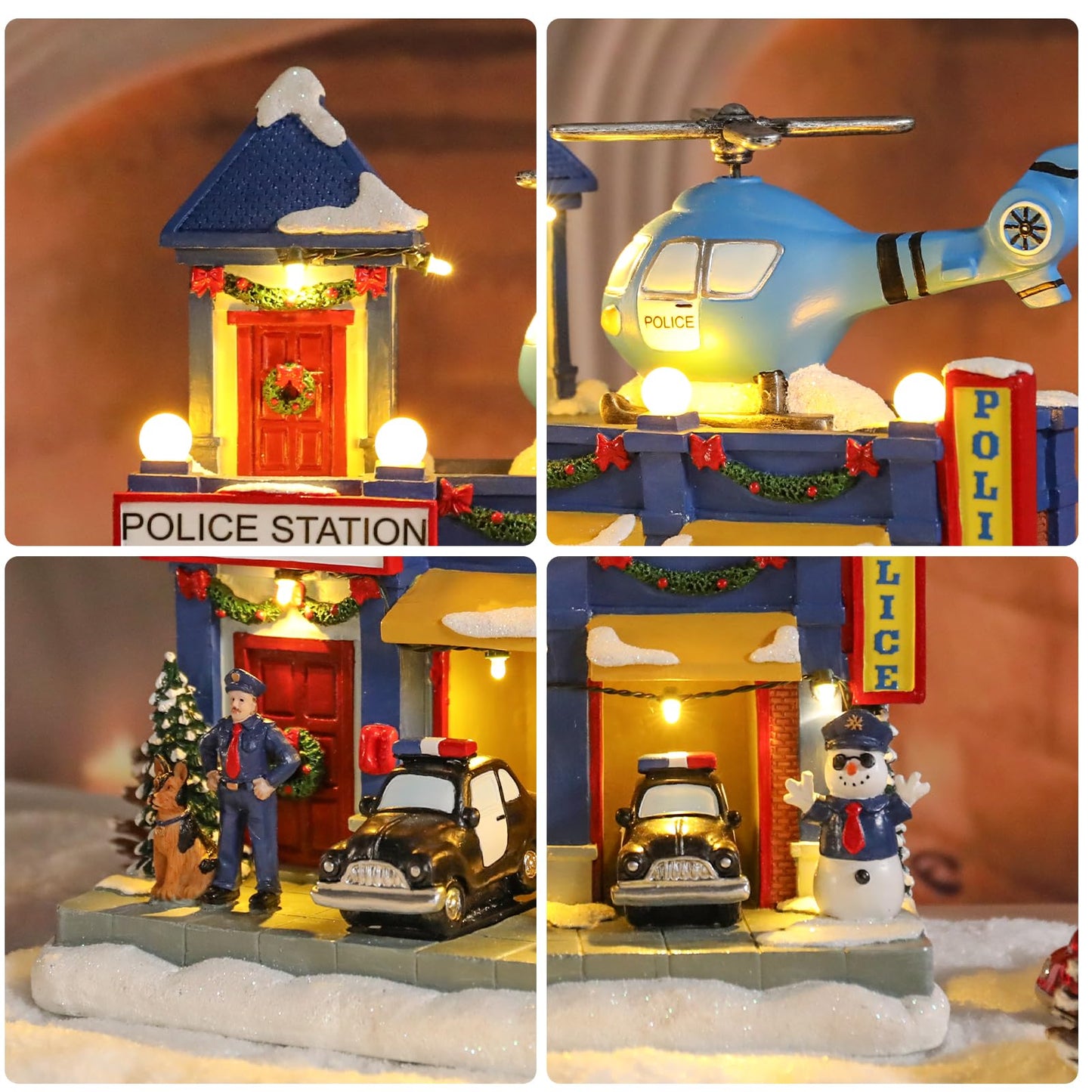 Vipush Christmas Village House Decorations Resin Police Station Home Decor Indoor Building Figurines Revolving Train with LED Light and 8 Christmas Music for Kids