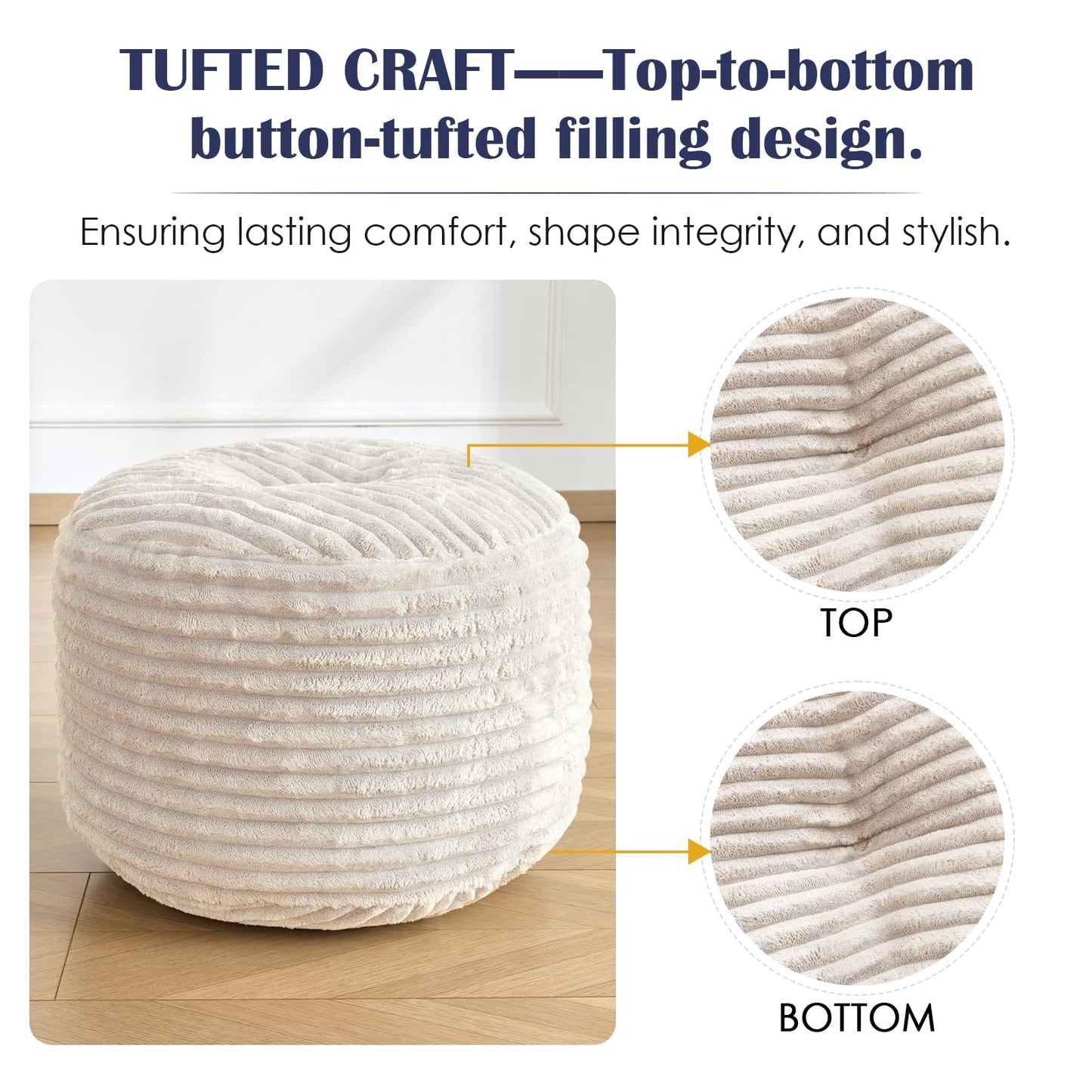 INSPIRE CRAFTER Round Pouf Ottoman,Corduroy Poufs with Memory Foam Filling for Foot Rest,Soft Footstool for Living Room,Office,20"x 15",Beige