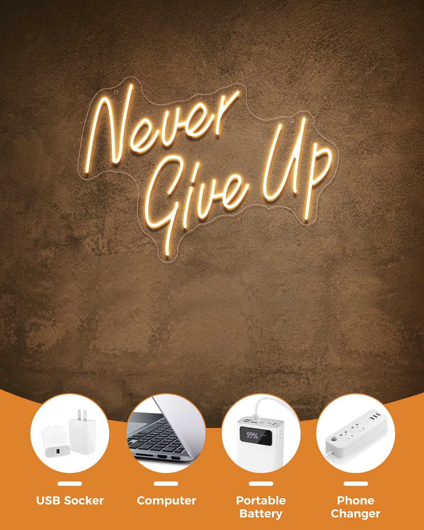 YIKBIK NEVER GIVE UP LED Neon Sign for Wall Decor,Neon Lights Party Decorations, USB Powered Switch Neon Lights lighting adjustable for Office Room, Gym Room, Man Cave, Gamer Room