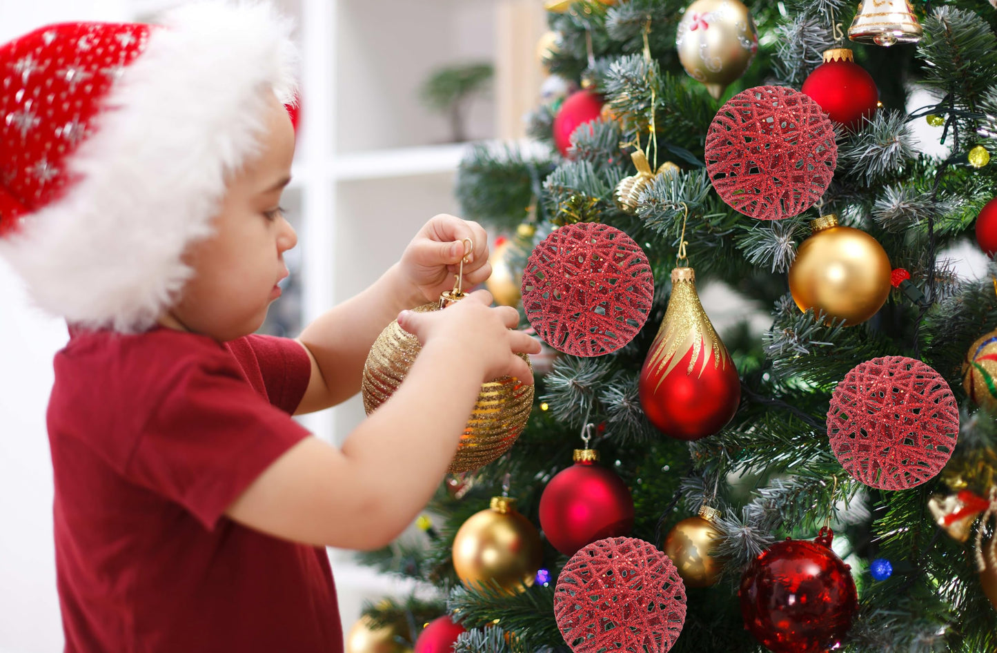 Christmas Traditions 4 inch Christmas Red Glittered Rattan Christmas Ball Ornaments Hanging Tree Decorations (Set of 6)(Christmas Red)