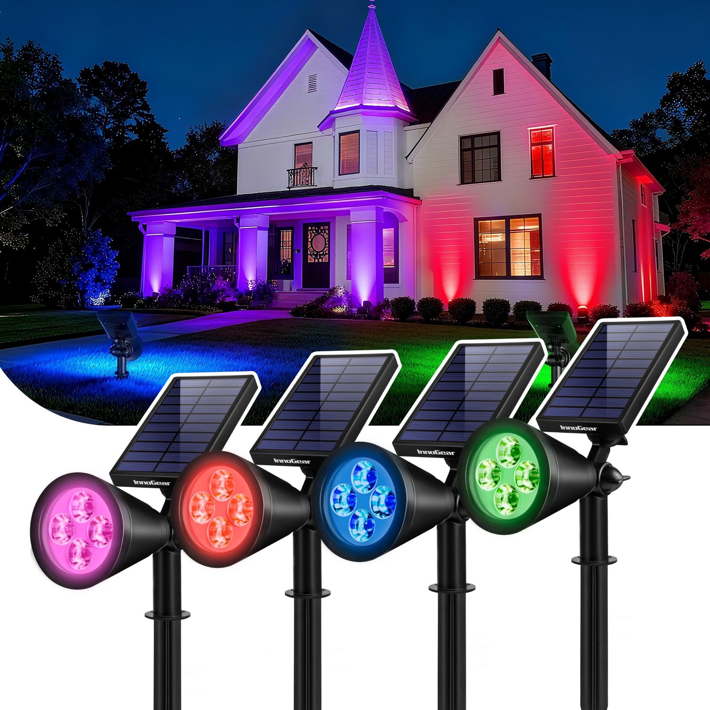 InnoGear Solar Lights Outdoor Waterproof Halloween Christmas Solar Garden Light for Outside Yard Landscape Lighting Pathway Spot Lights Spotlight Wall Light, 4 Pack (Red, Green, Violet Purple, Blue)