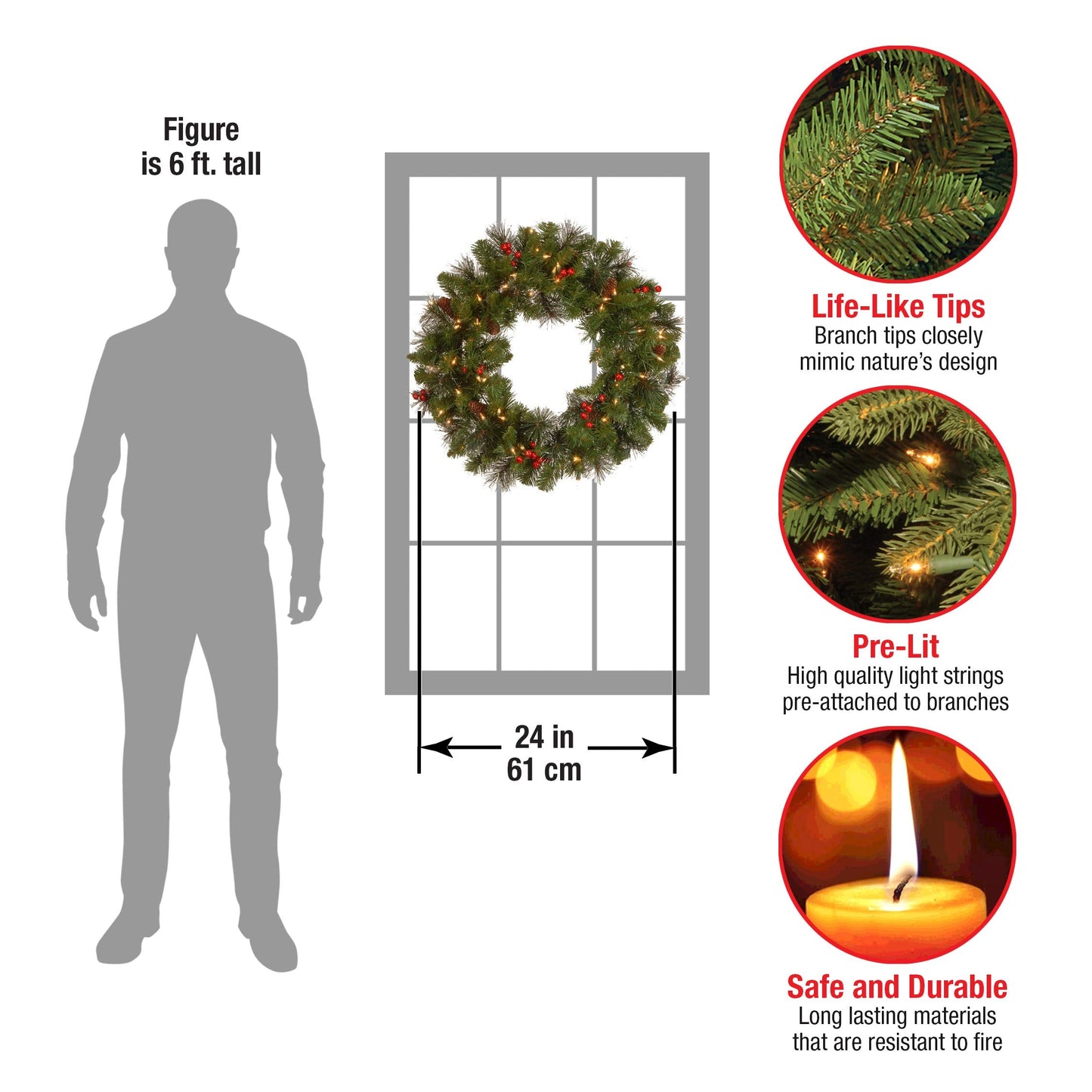 National Tree Company 24 in Pre-Lit Crestwood Spruce Artificial Christmas Wreath, Christmas Decoration with Glitter, Pinecones, Red Berries, 50 Clear Lights, 160 Tips, Green