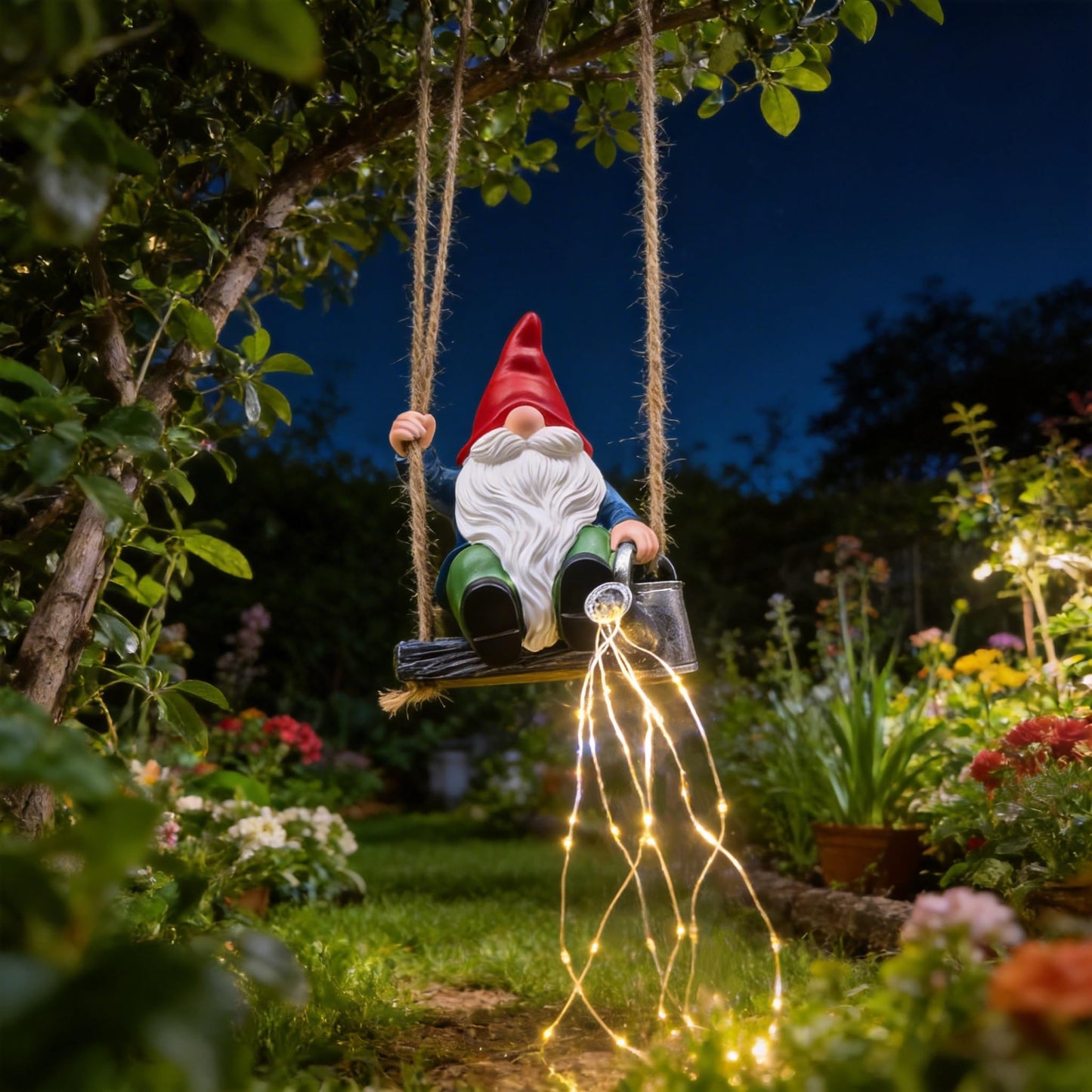 QCF Hanging Garden Gnomes Statues Solar Watering Can Fairy Lights, 6.7''H Swings Gnome Cascading LED Decor for Yard Balcony Backyard Tree Outside, Housewarming Birthday Gifts for Woman Mom Grandma